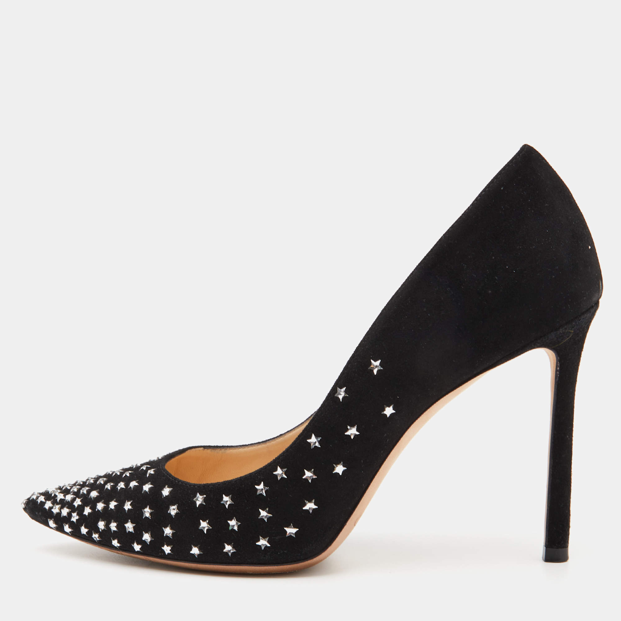 مملوكة مسبقًا Jimmy Choo Black Suede Romy Crystal Embellished Pointed Toe Pumps Size 37.5