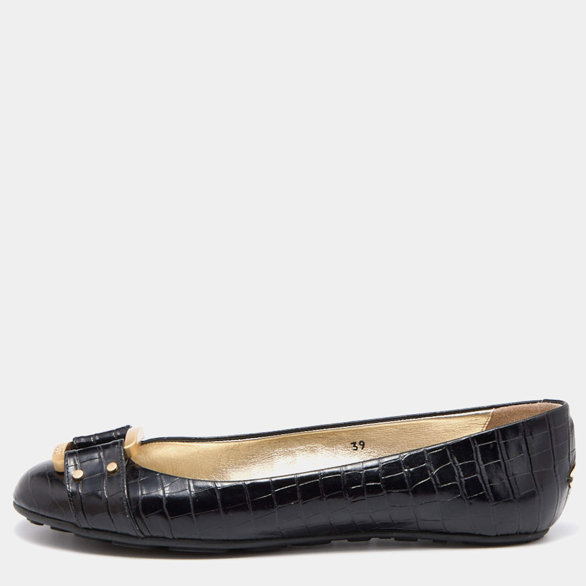 Jimmy Choo Black Croc Embossed Leather Morse Ballet Flats Size 39