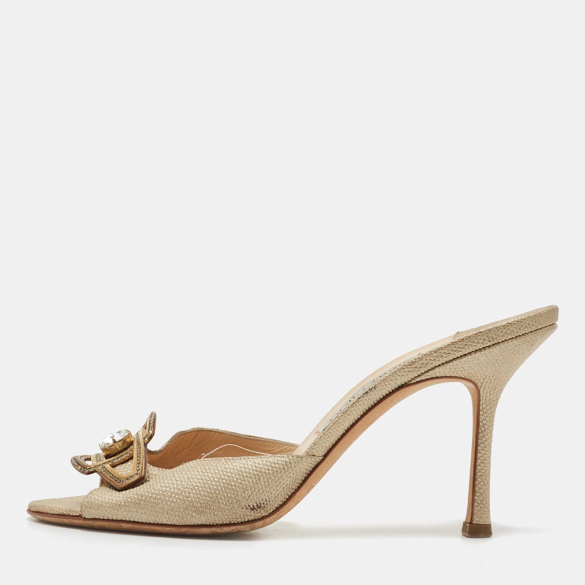 Pre Owned Jimmy Choo Metallic Gold Leather Crystal Embellished Slides Size 39.5