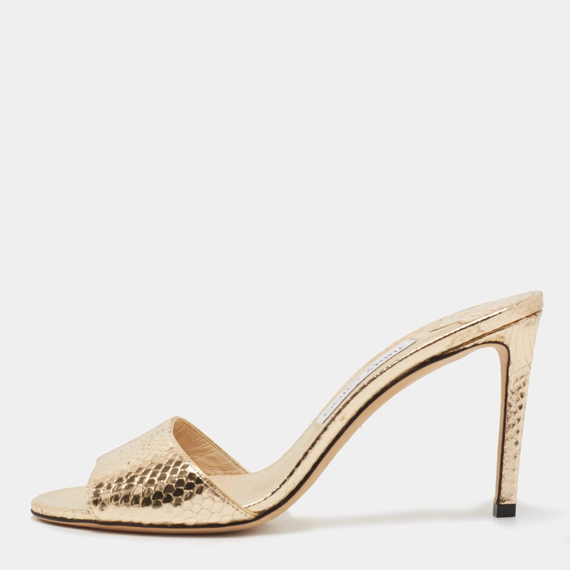 Pre Owned Jimmy Choo Gold Embossed Snakeskin Stacey Slide Sandals Size 39