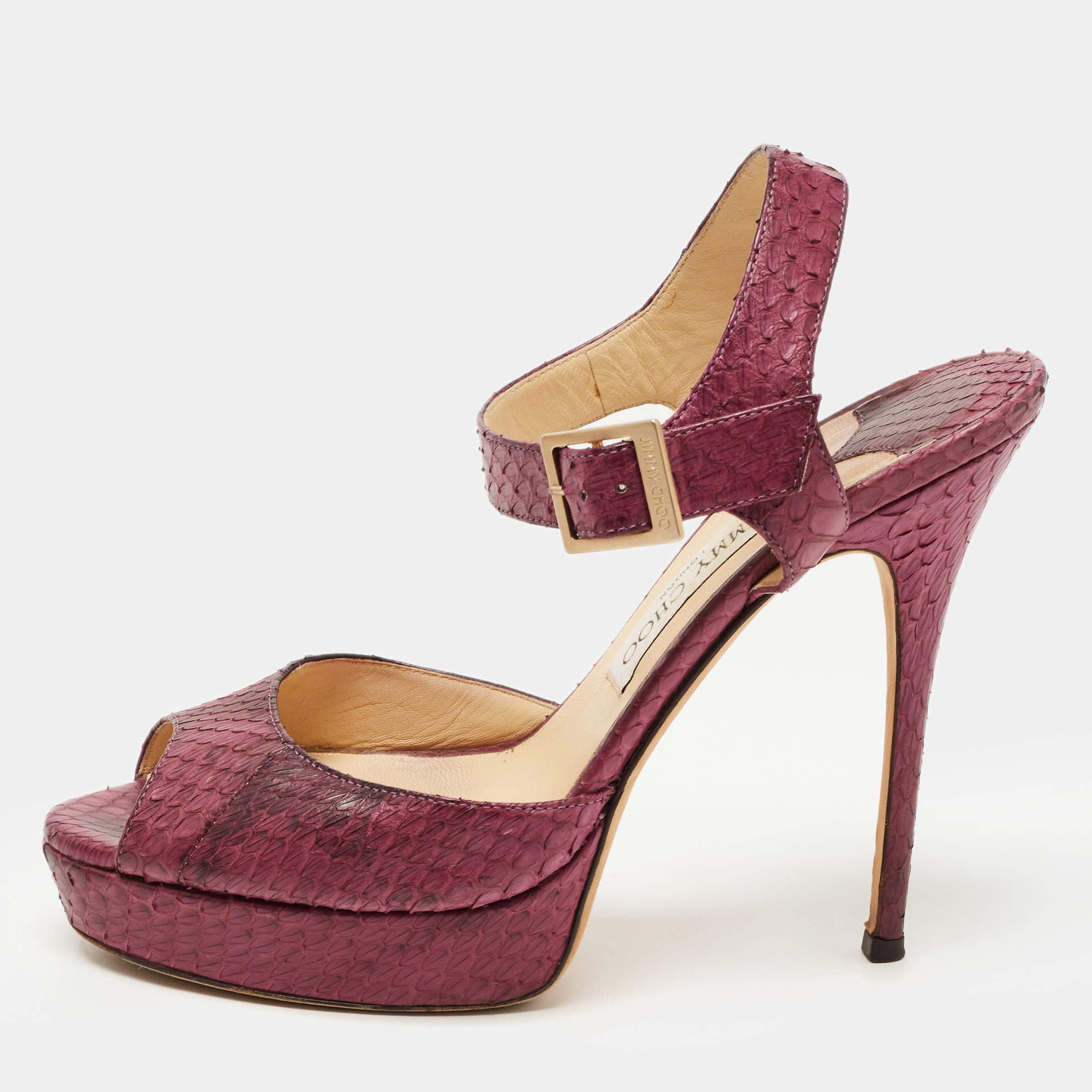 مملوكة مسبقًا Jimmy Choo Purple Python Linda Ankle Strap Sandals Size 39 