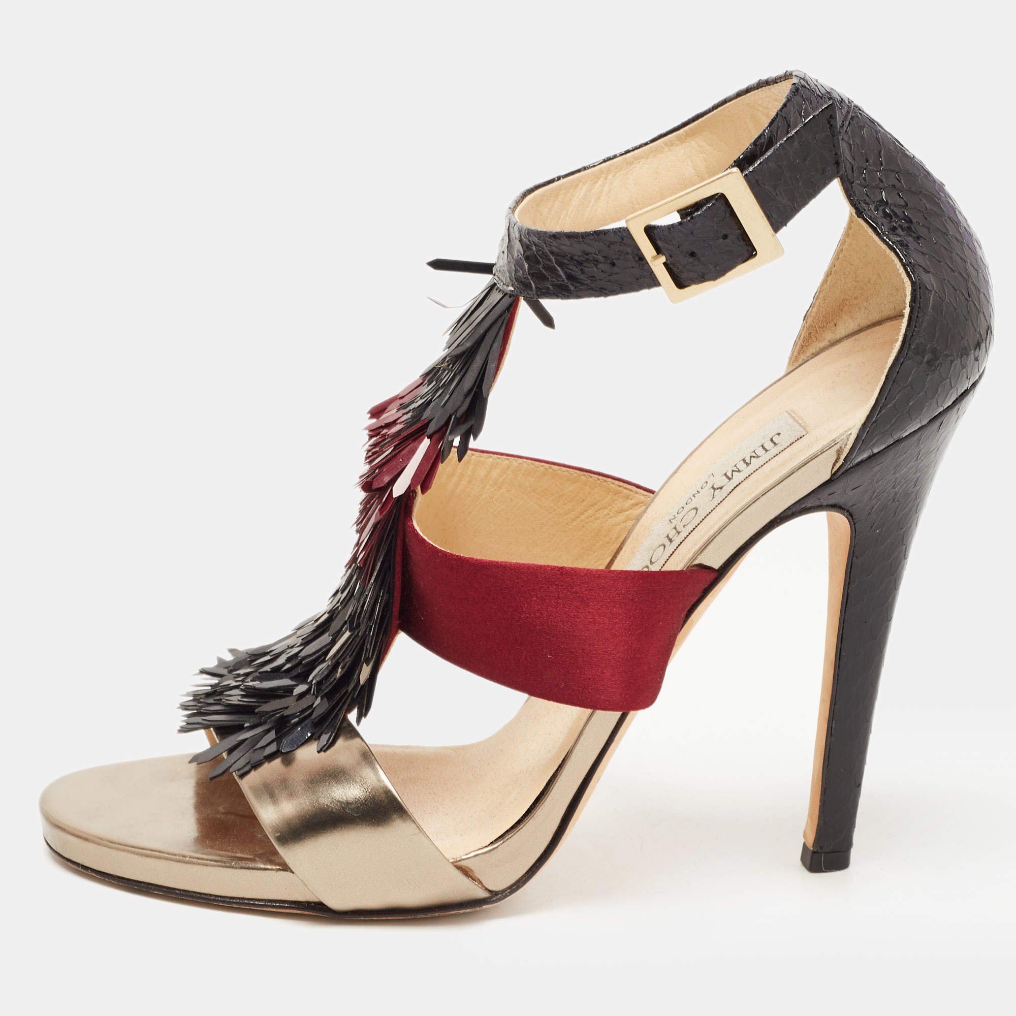 Jimmy Choo Tricolor Python, Satin and Leather Fedora Fringe Sandals Size 38.5