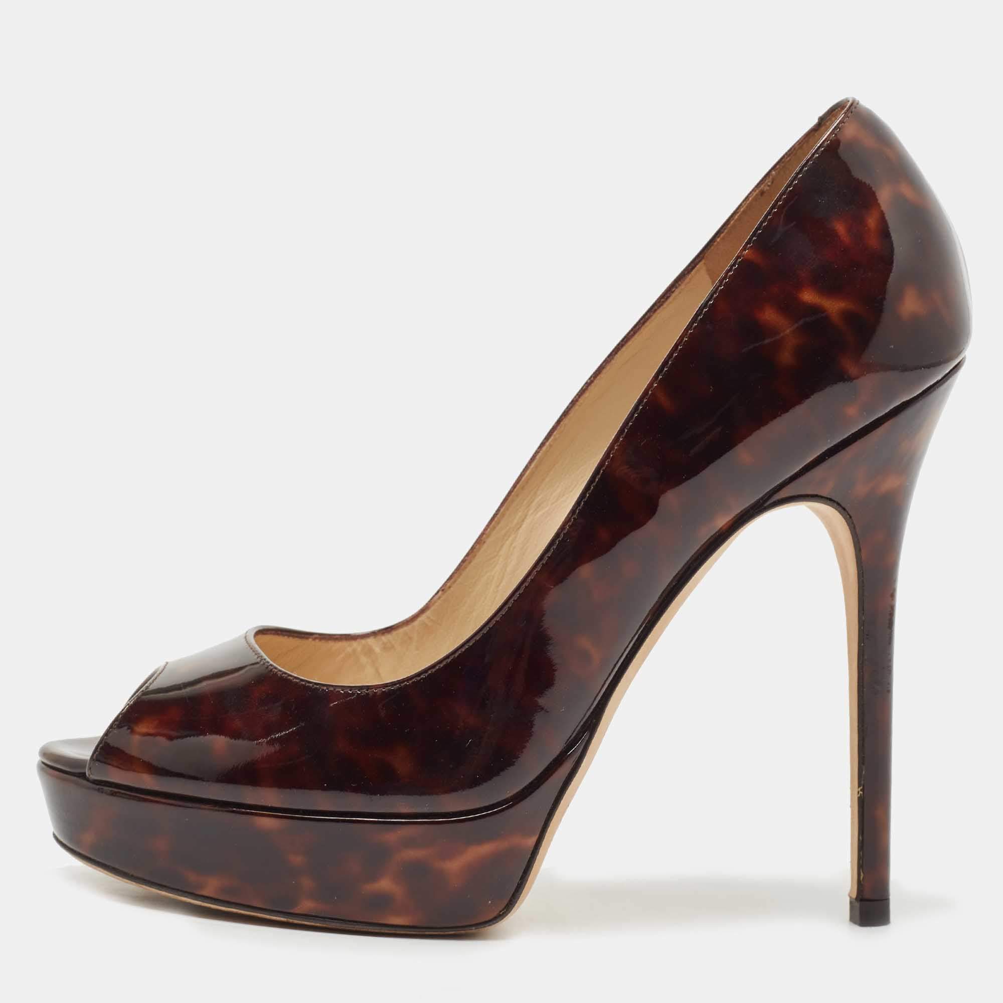 Pre Owned Jimmy Choo Brown Patent Leather Peep Toe Pumps Size 37.5