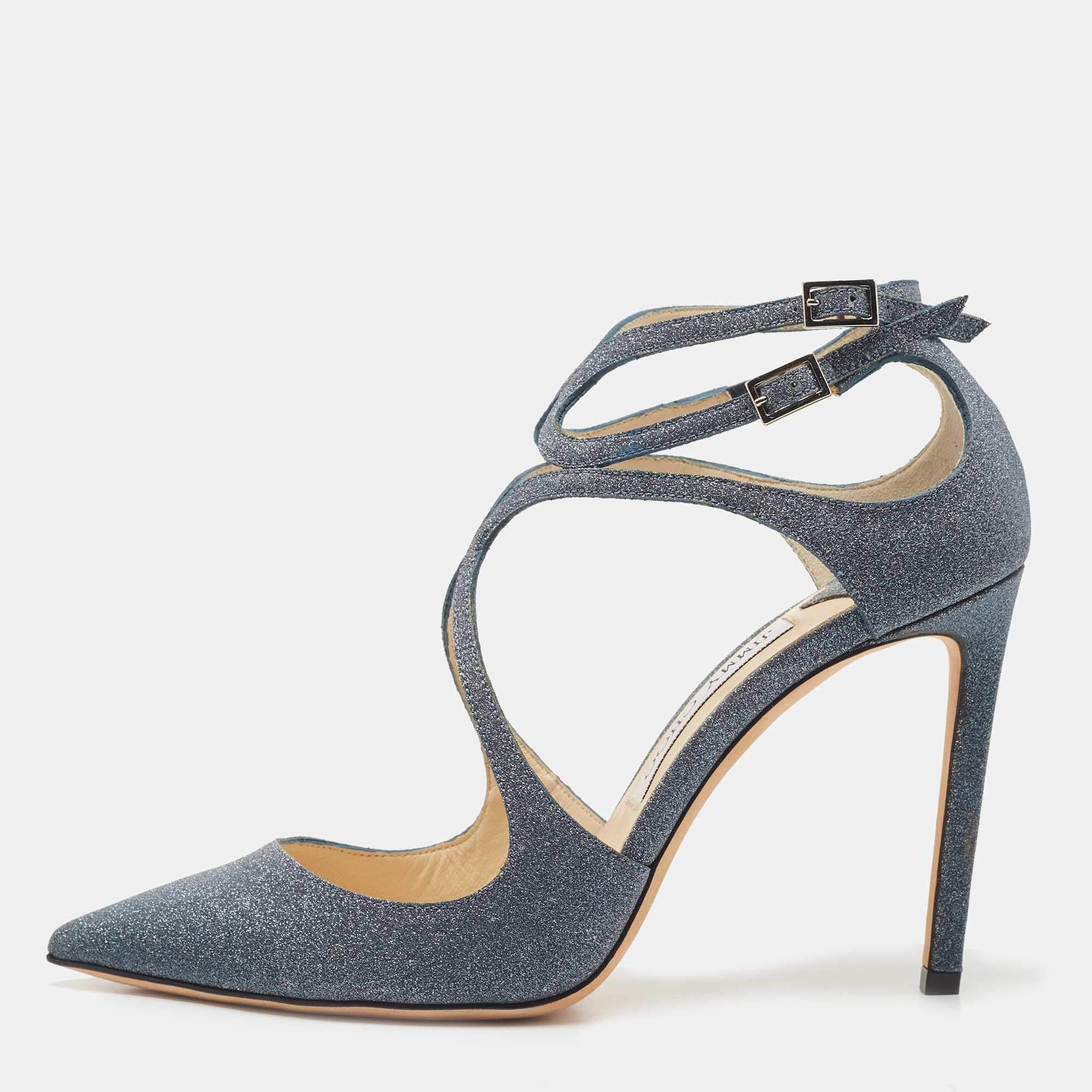 Pre Owned Jimmy Choo Dark Grey Glitter Lancer Strappy Sandals Size 38.5
