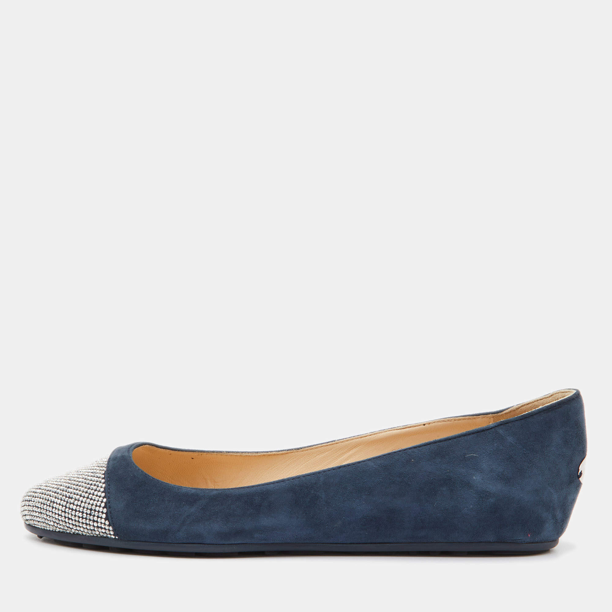 Pre Owned Jimmy Choo Blue Suede Crystals Embellished Ballet Flats Size 36
