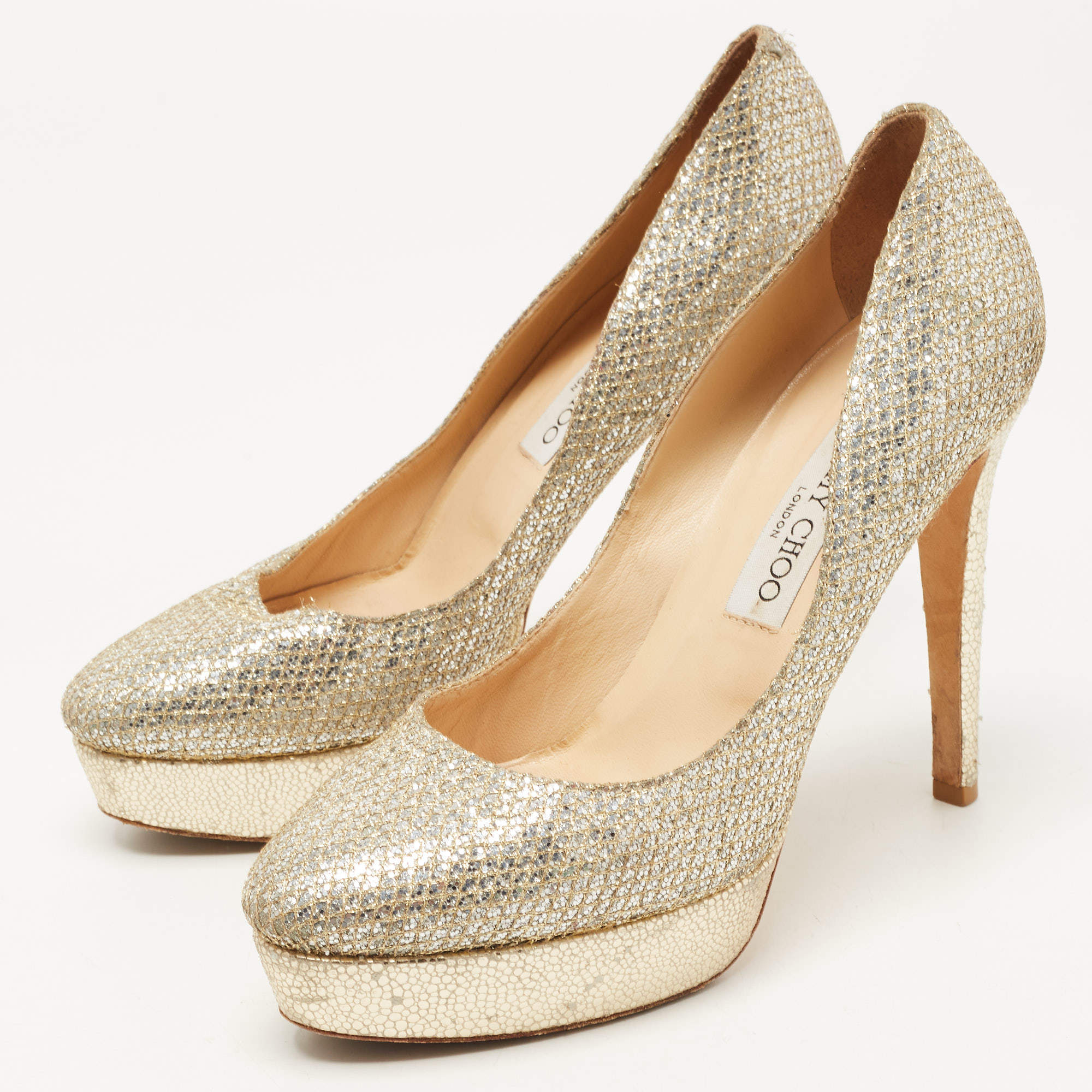 Jimmy Choo Silver/Gold Lurex Fabric Alex Platform Pumps Size 39