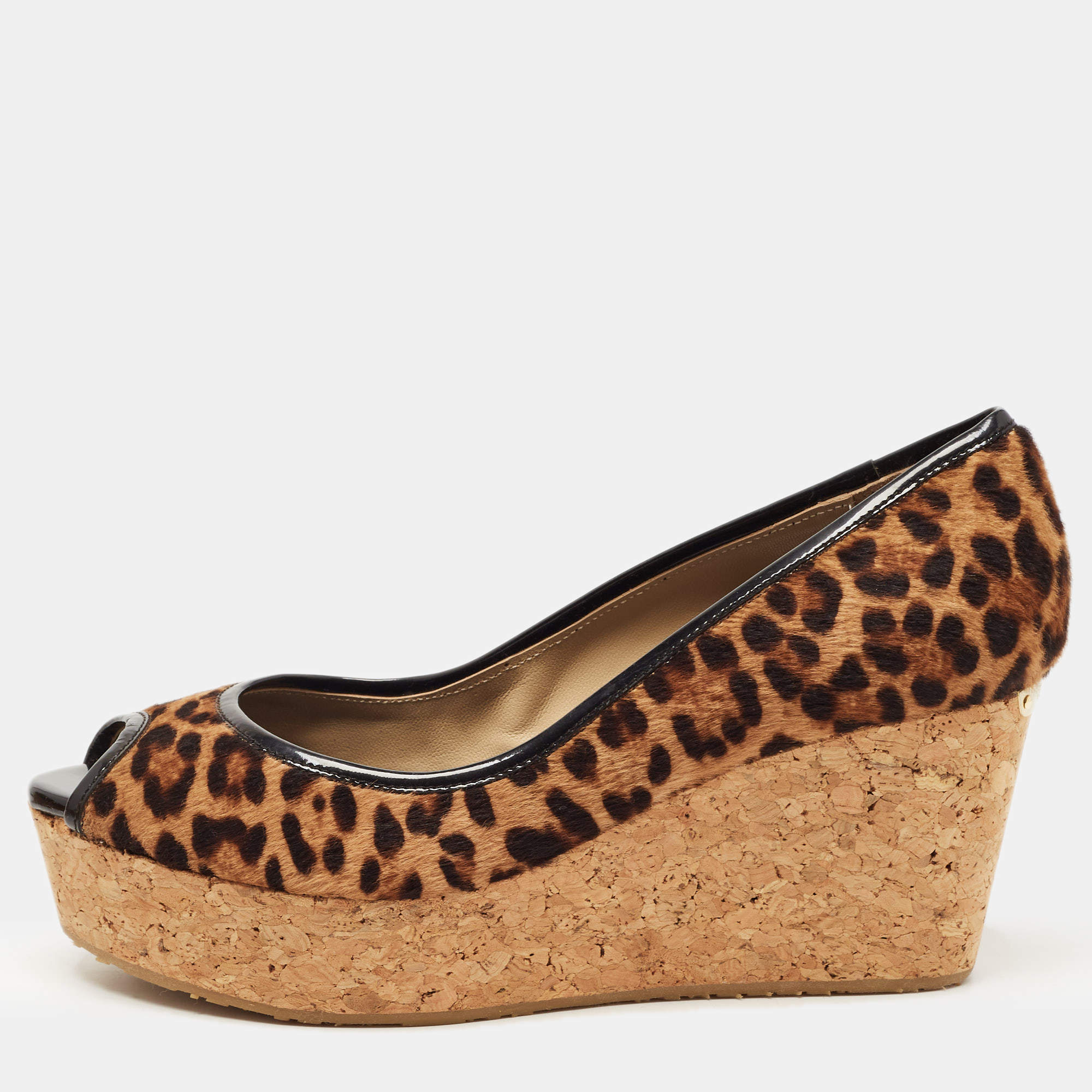 Pre Owned Jimmy Choo Leopard Print Calf Hair And Patent Trim Papina Cork Wedge Pumps Size 38