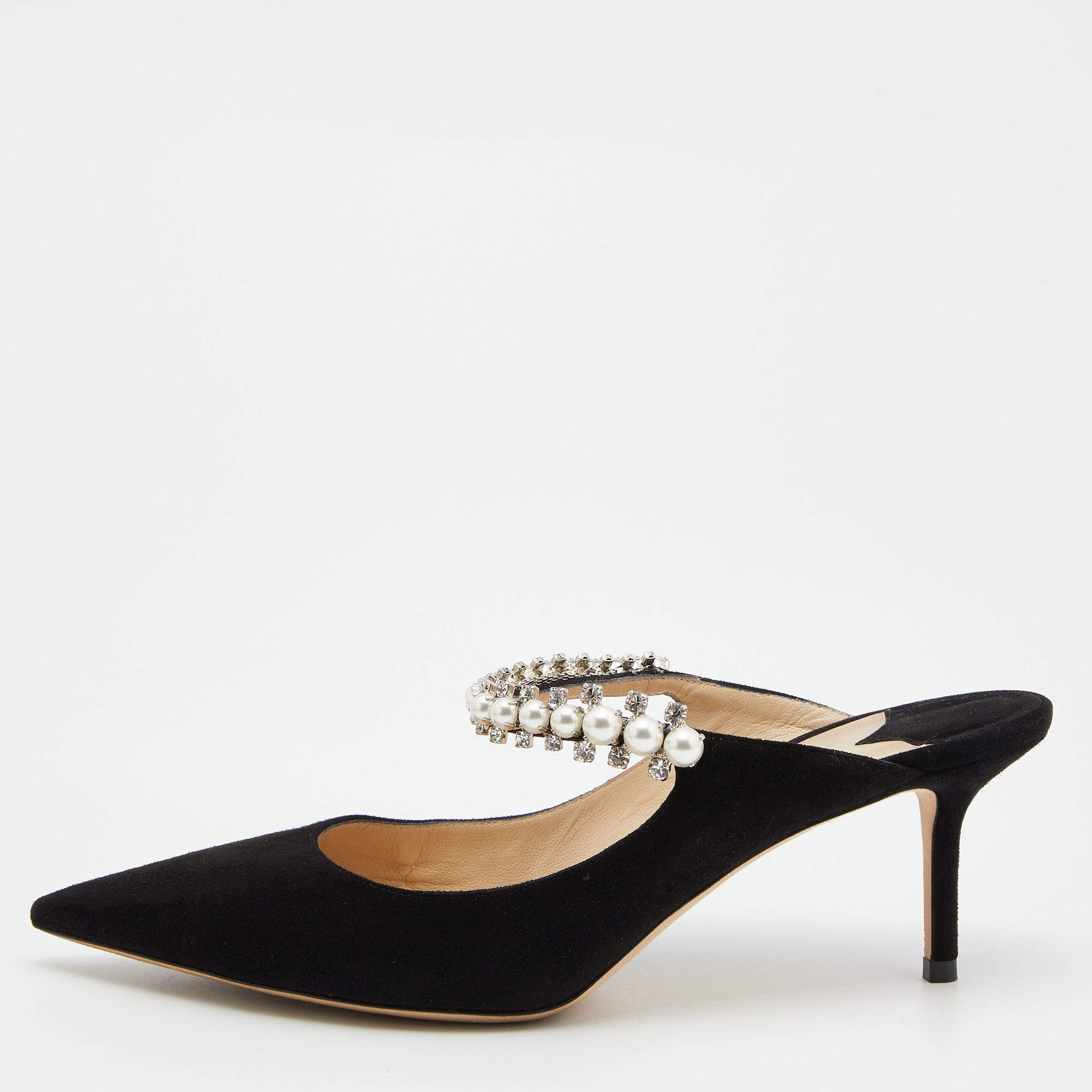 مملوكة مسبقًا حذاء مولز جيمي تشو بينغ جلد لامع أسود مرصع كريستال مقاس 38