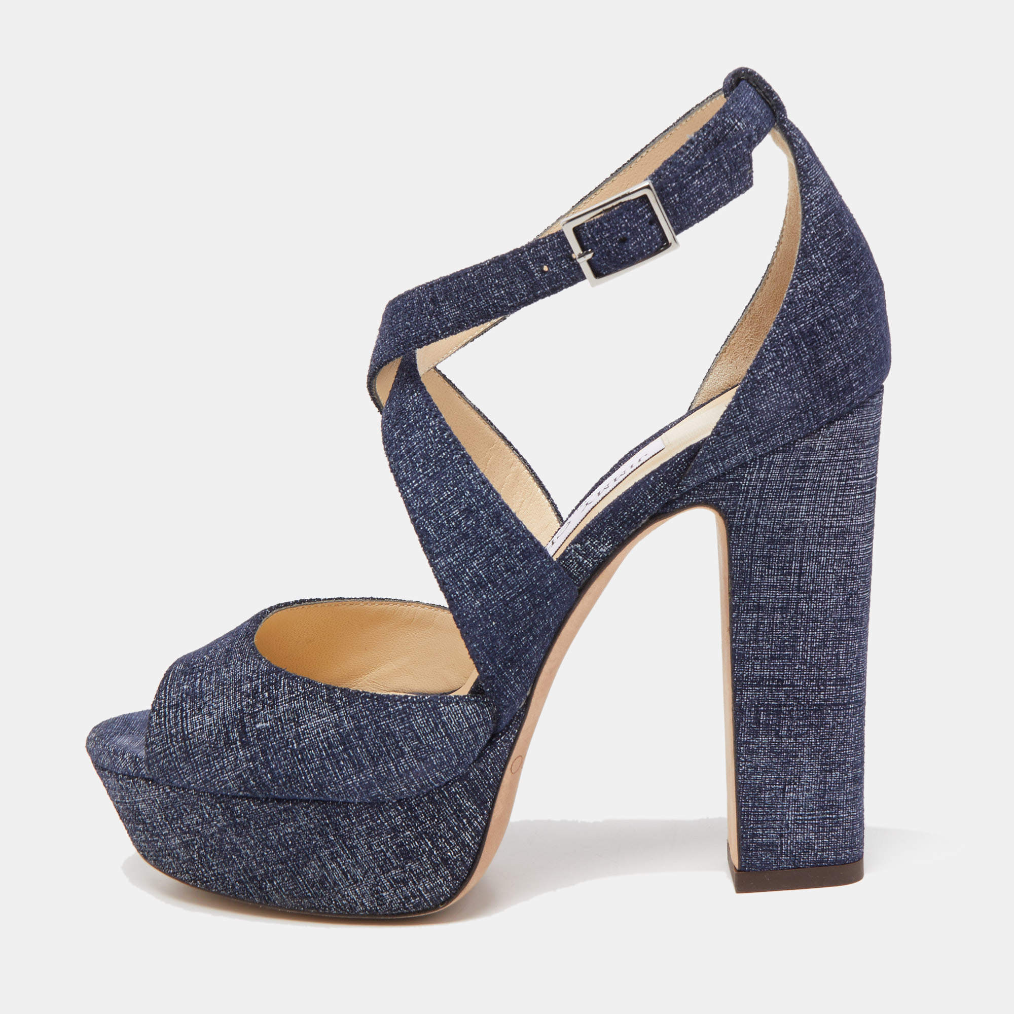 مملوكة مسبقًا Jimmy Choo Navy Blue Textured Suede April Platform Ankle Strap Sandals 36