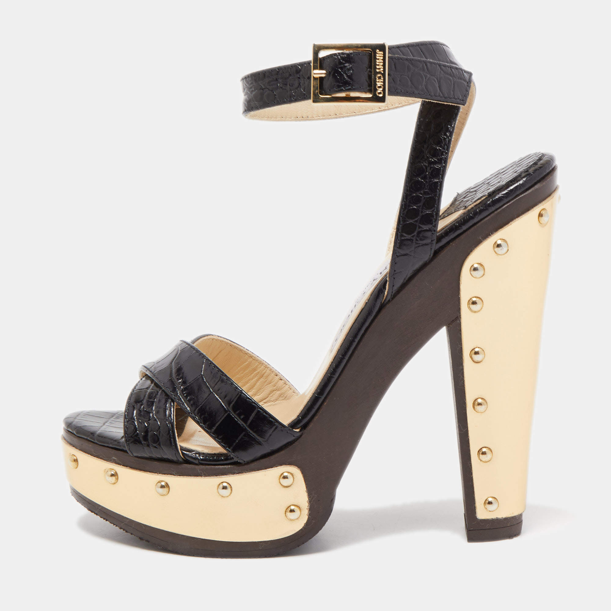 Pre Owned Jimmy Choo Black Croc Embossed Ultimate Wooden Ankle Strap Platform Sandals Size 36