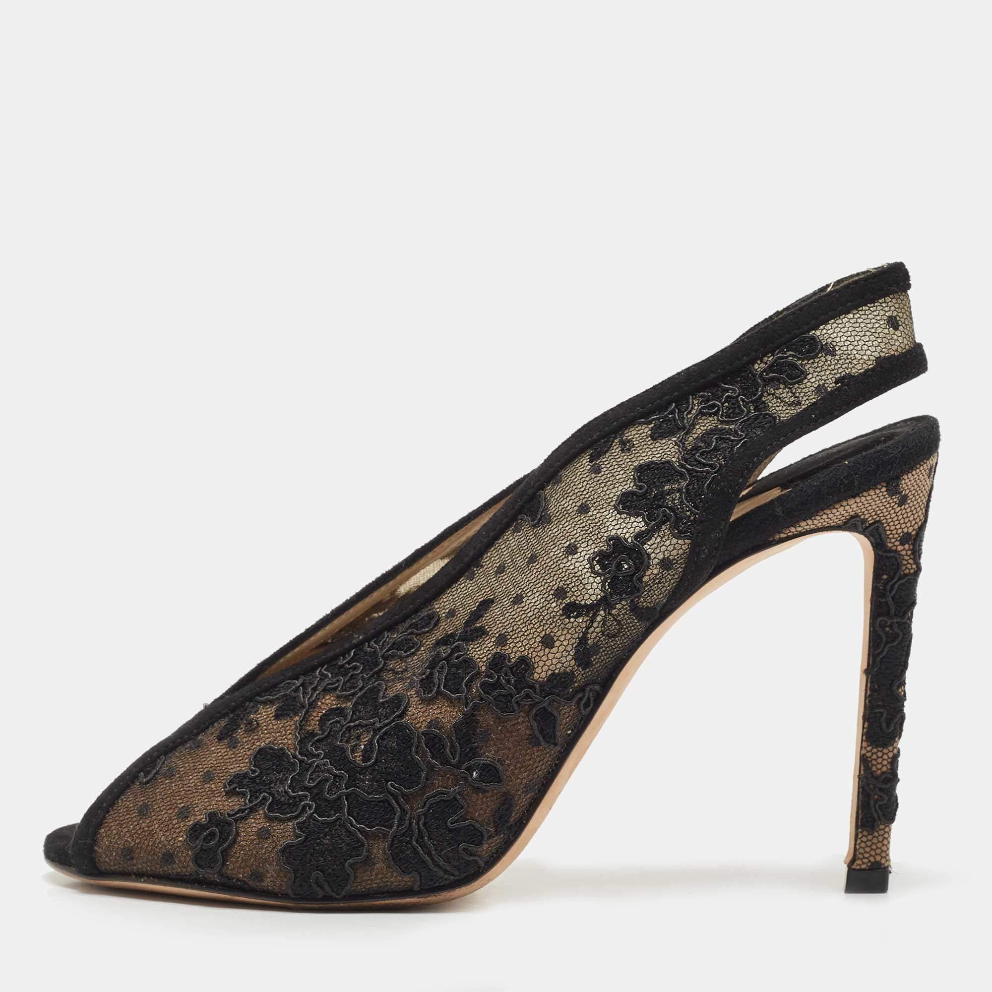 Jimmy Choo Black Suede and Embroidered Lace Open Toe Slingback