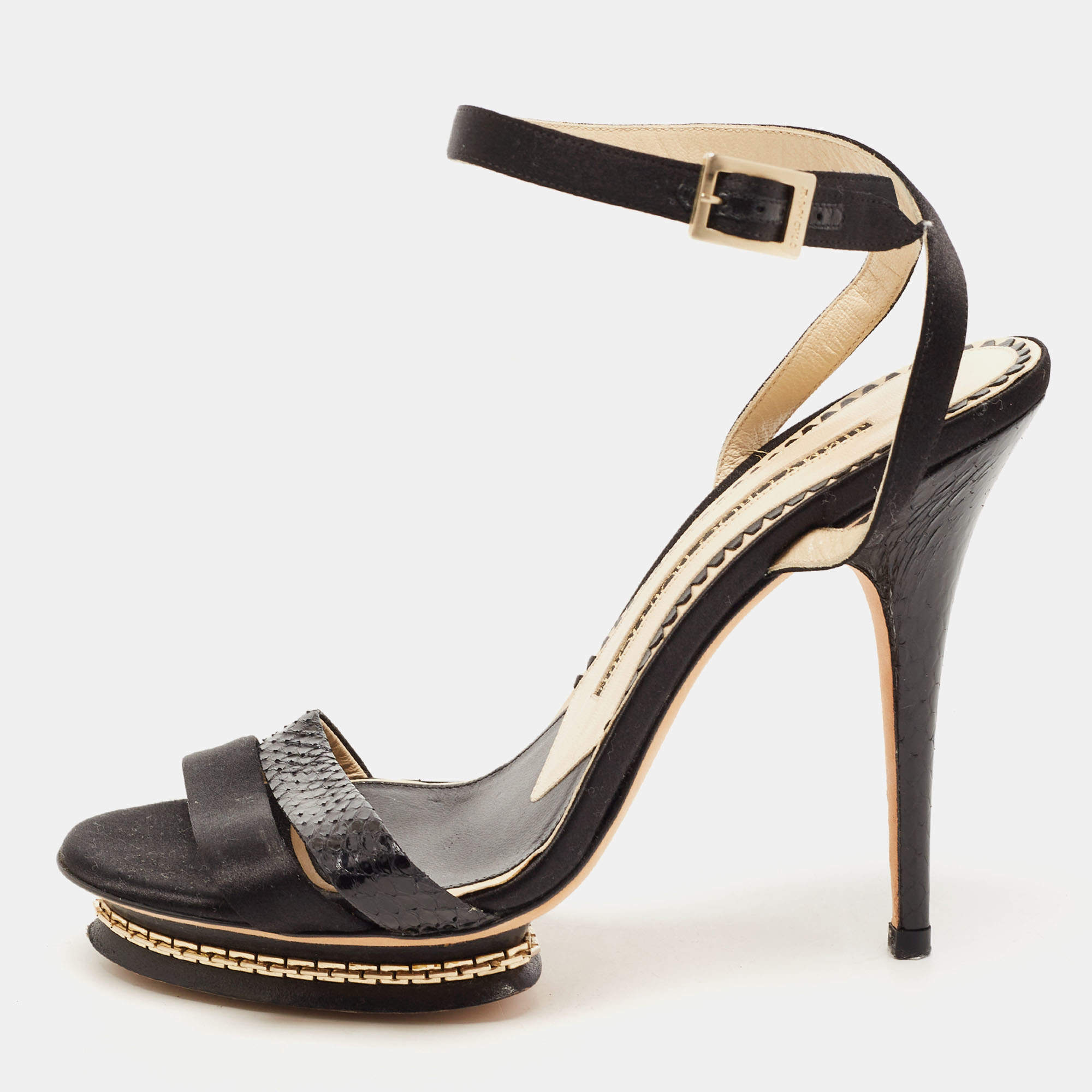 مملوكة مسبقًا Jimmy Choo Black Satin and Embossed Snakeskin Ankle Strap Sandals Size 37