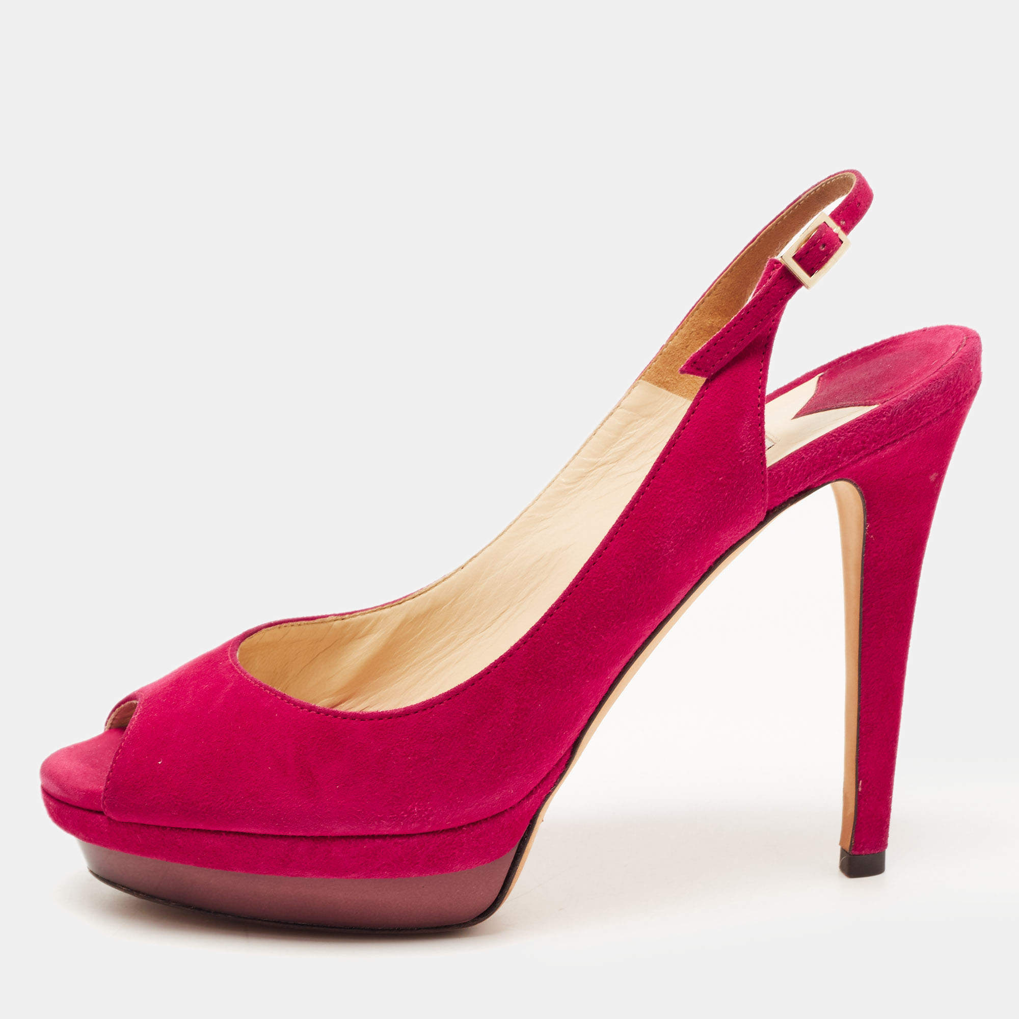 Pre Owned Jimmy Choo Pink Suede Peeptoe Slingback Sandals Size 38.5