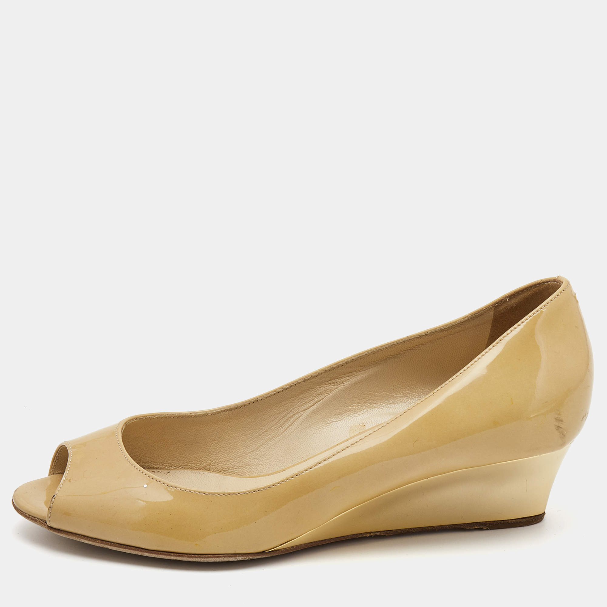 Pre Owned Jimmy Choo Beige Patent Leather Peep Toe Wedge Pumps Size 35