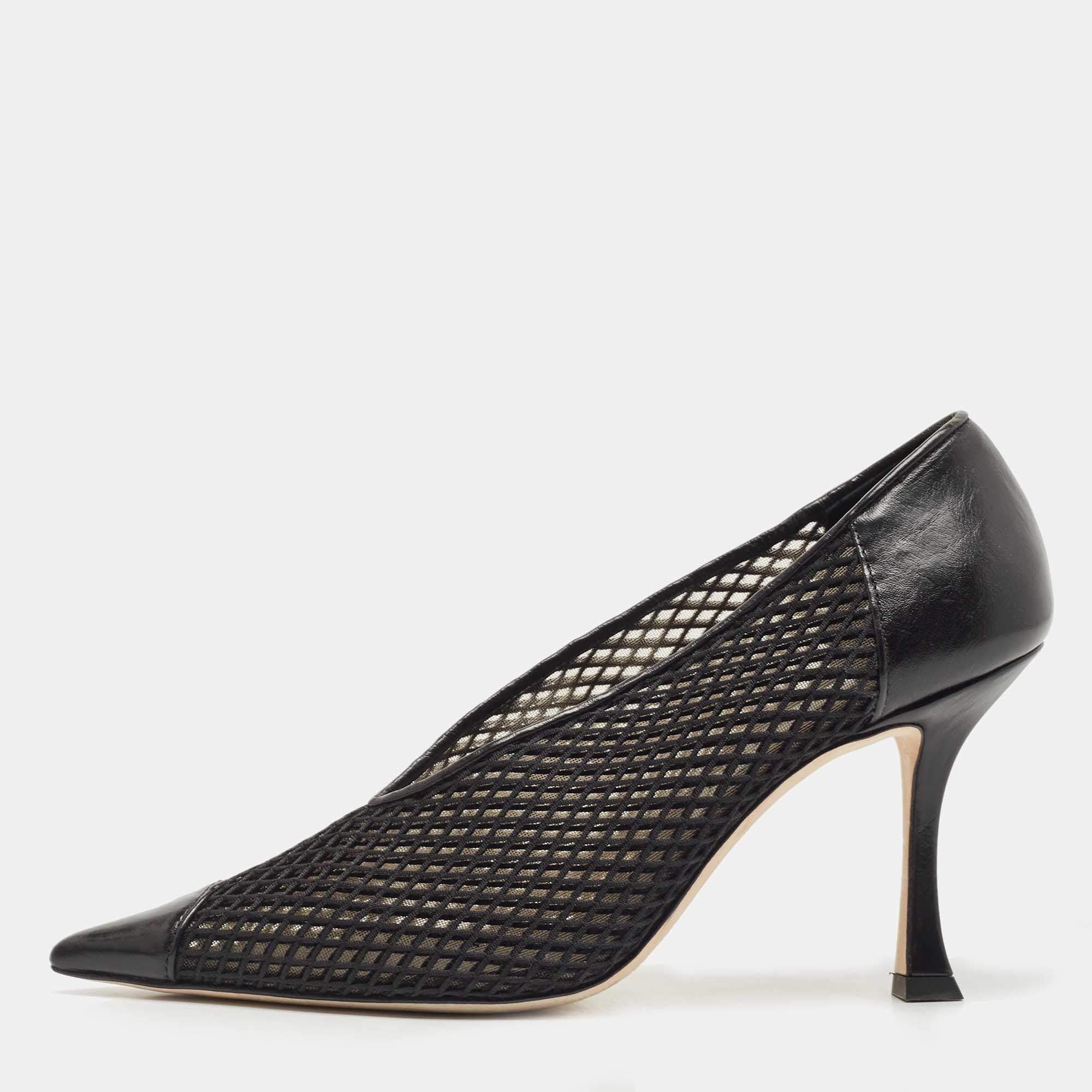 Pre Owned Jimmy Choo Black Leather and Mesh Nicole V Cut Pointed Toe Pumps Size 38