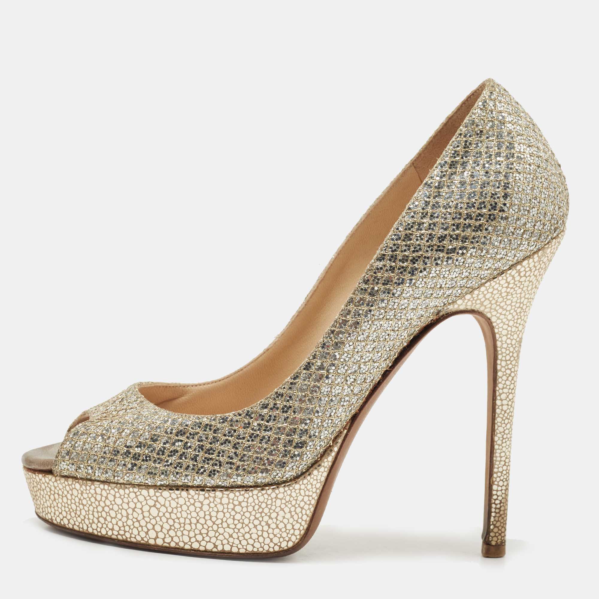 مملوكة مسبقًا Jimmy Choo Silver/Gold Lurex Fabric Dahlia Pumps Size 36