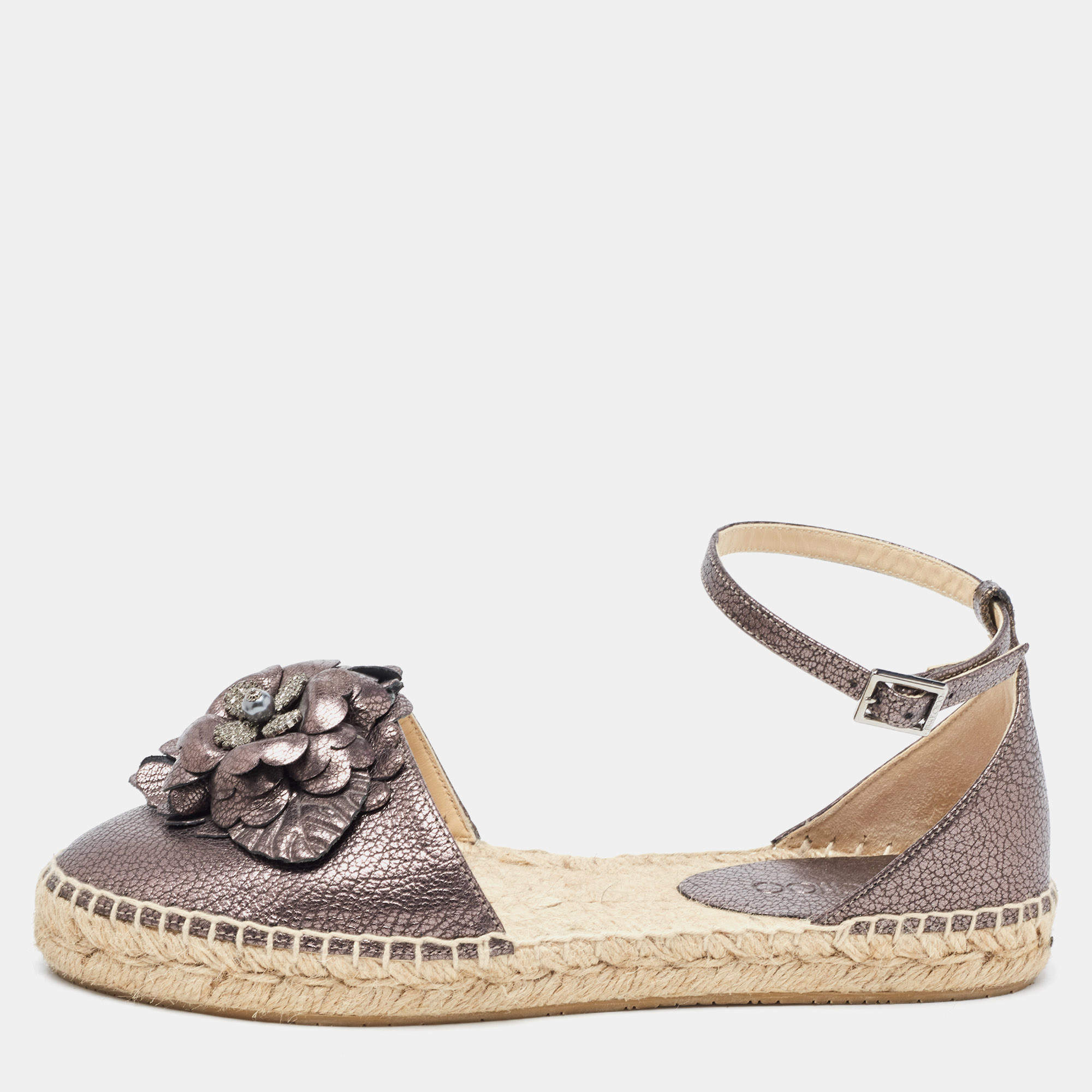 Pre Owned Jimmy Choo Metallic Bronze Leather Ankle Strap Espadrilles Size 38.5