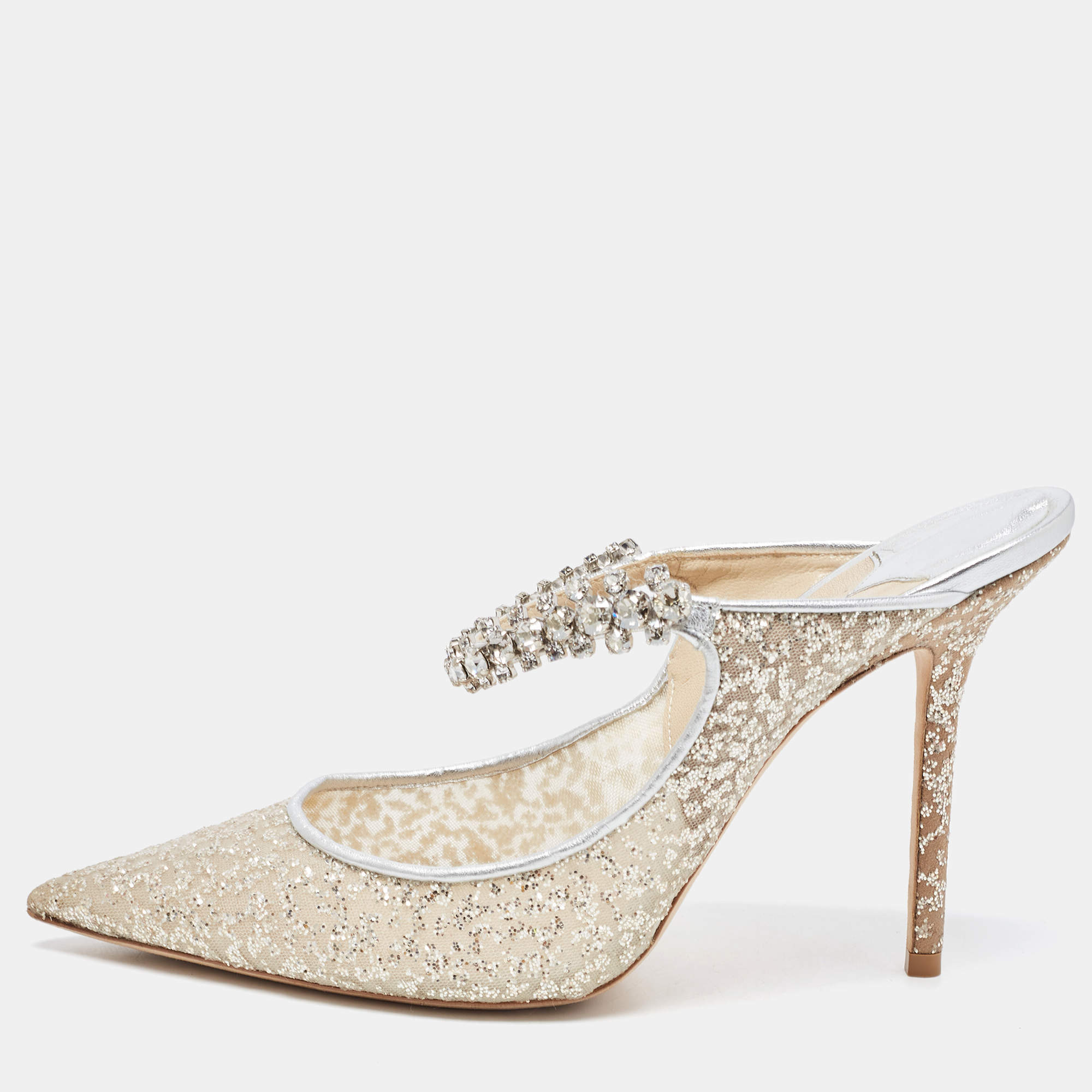 Pre Owned Jimmy Choo Metallic Glitter Mesh and Leather Bing Crystal Embellished Mules Size 39