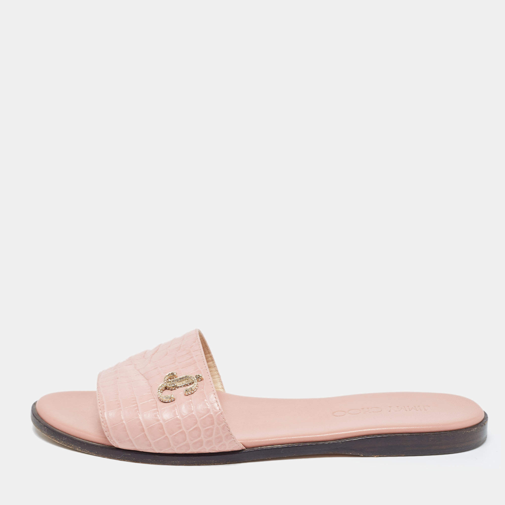 Pre Owned Jimmy Choo Pink Croc Embossed Leather Minea Flat Slides Size 38.5