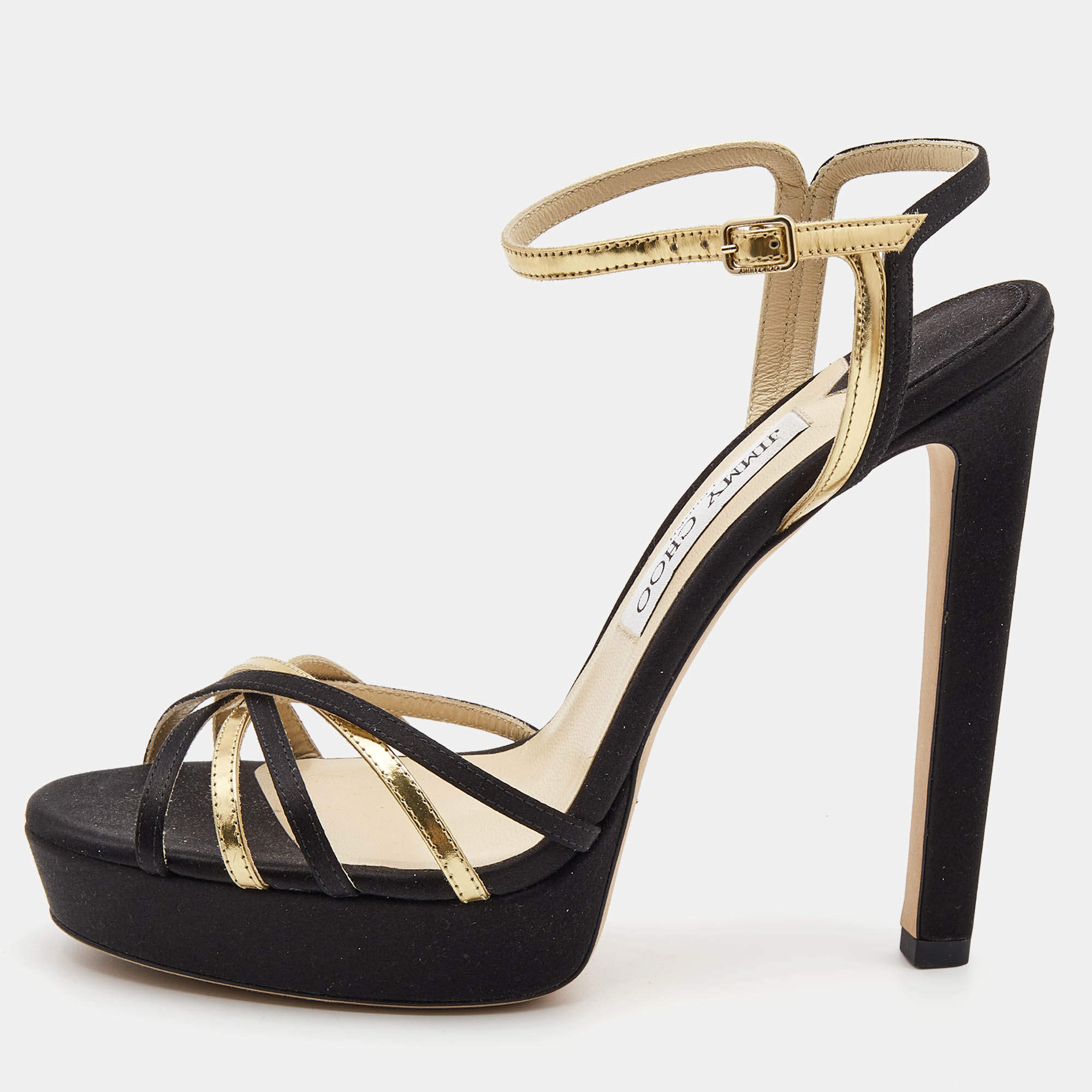 Pre Owned Jimmy Choo Black/Gold Leather and Satin Ankle Strap Platform Sandals Size 39
