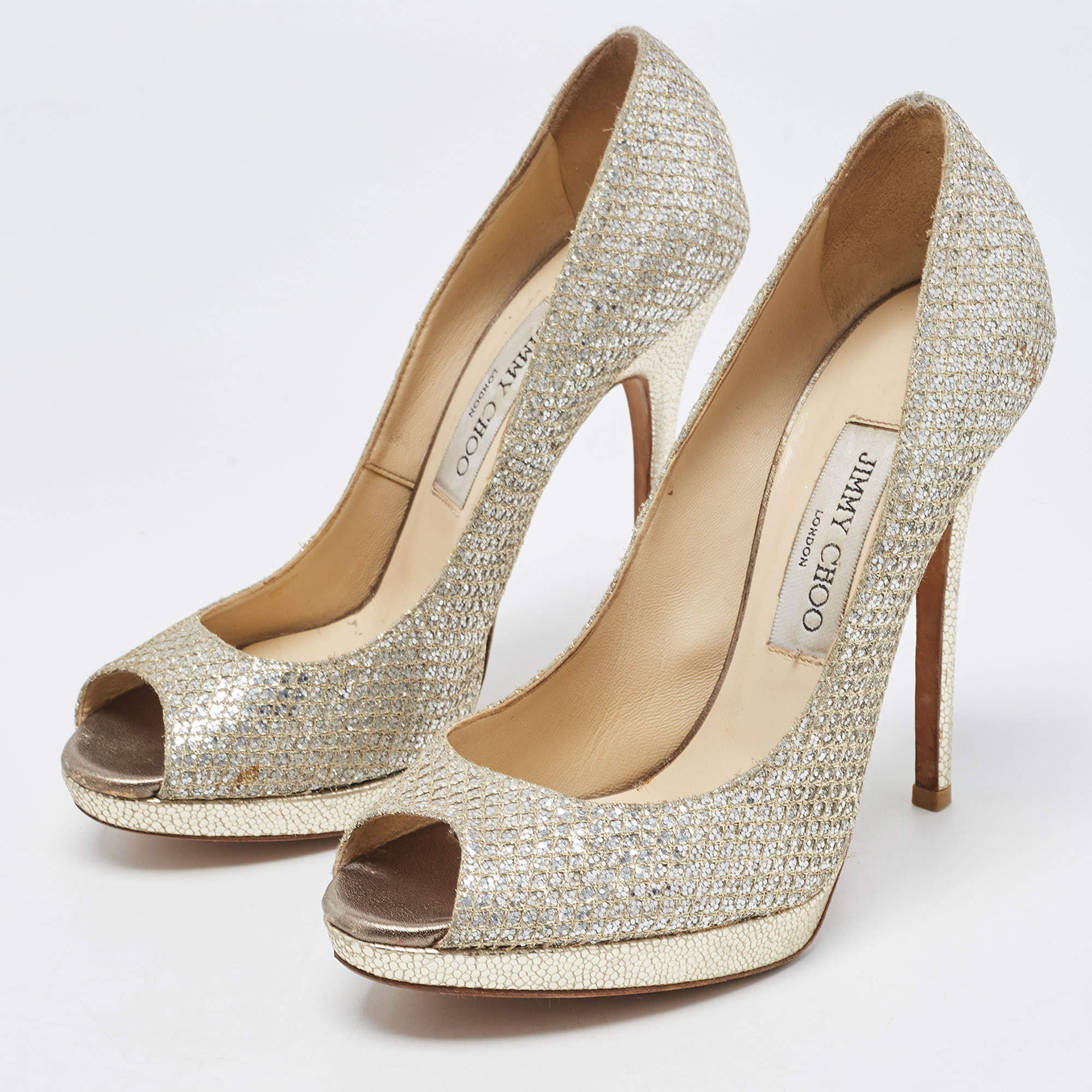 Jimmy Choo Luna 100 Champagne Glitter Fabric Peep Toe Platform