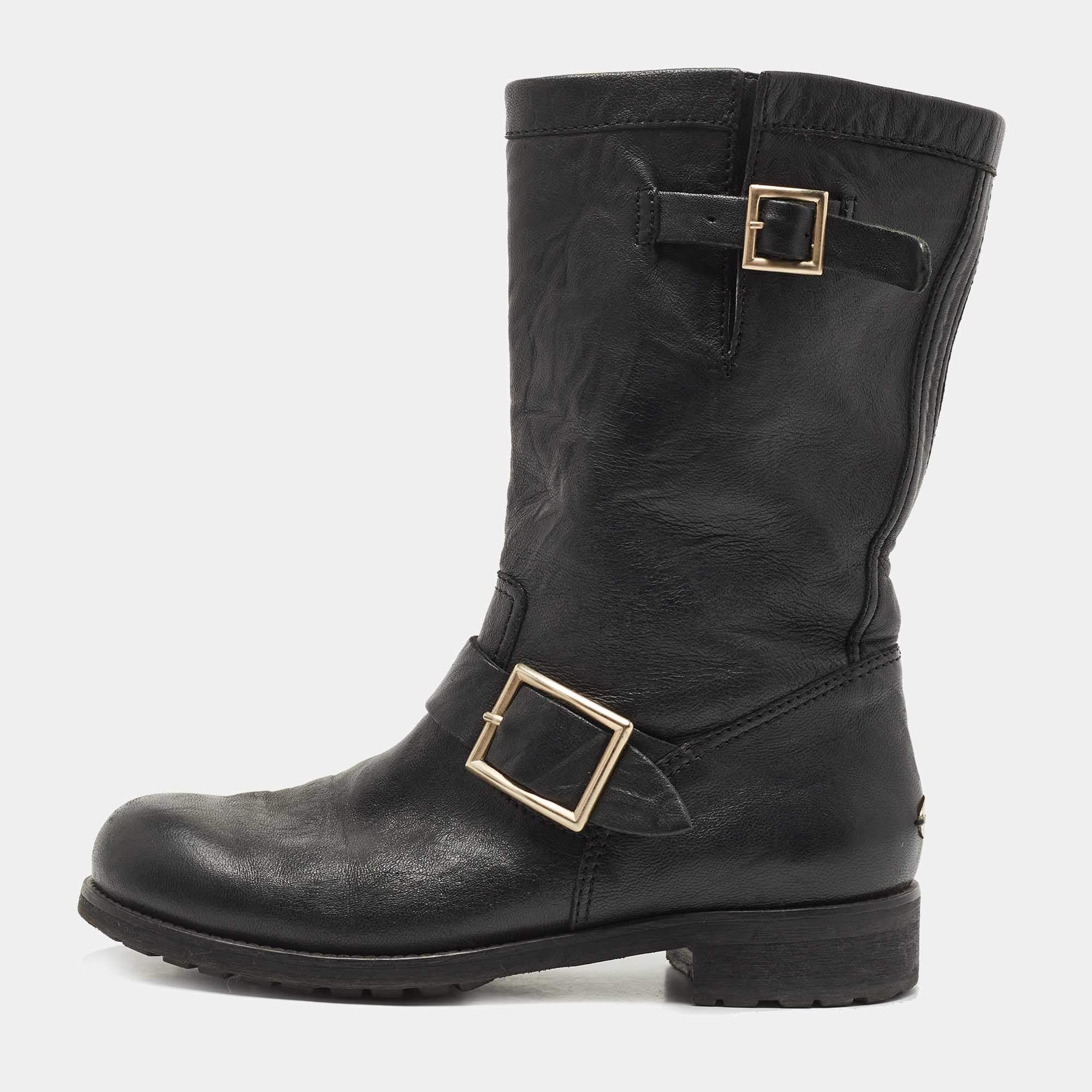 مملوكة مسبقًا Jimmy Choo Black Leather Midcalf Boots Size 37.5