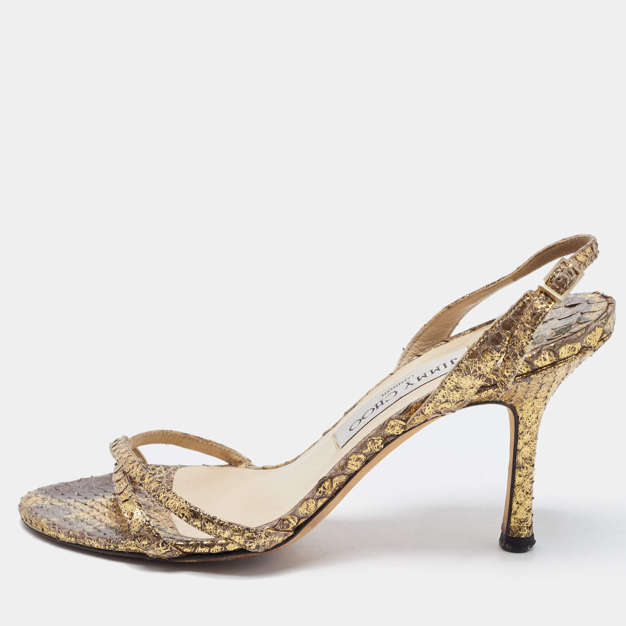 مملوكة مسبقًا Jimmy Choo Gold Python Embossed Leather Slingback Sandals Size 36
