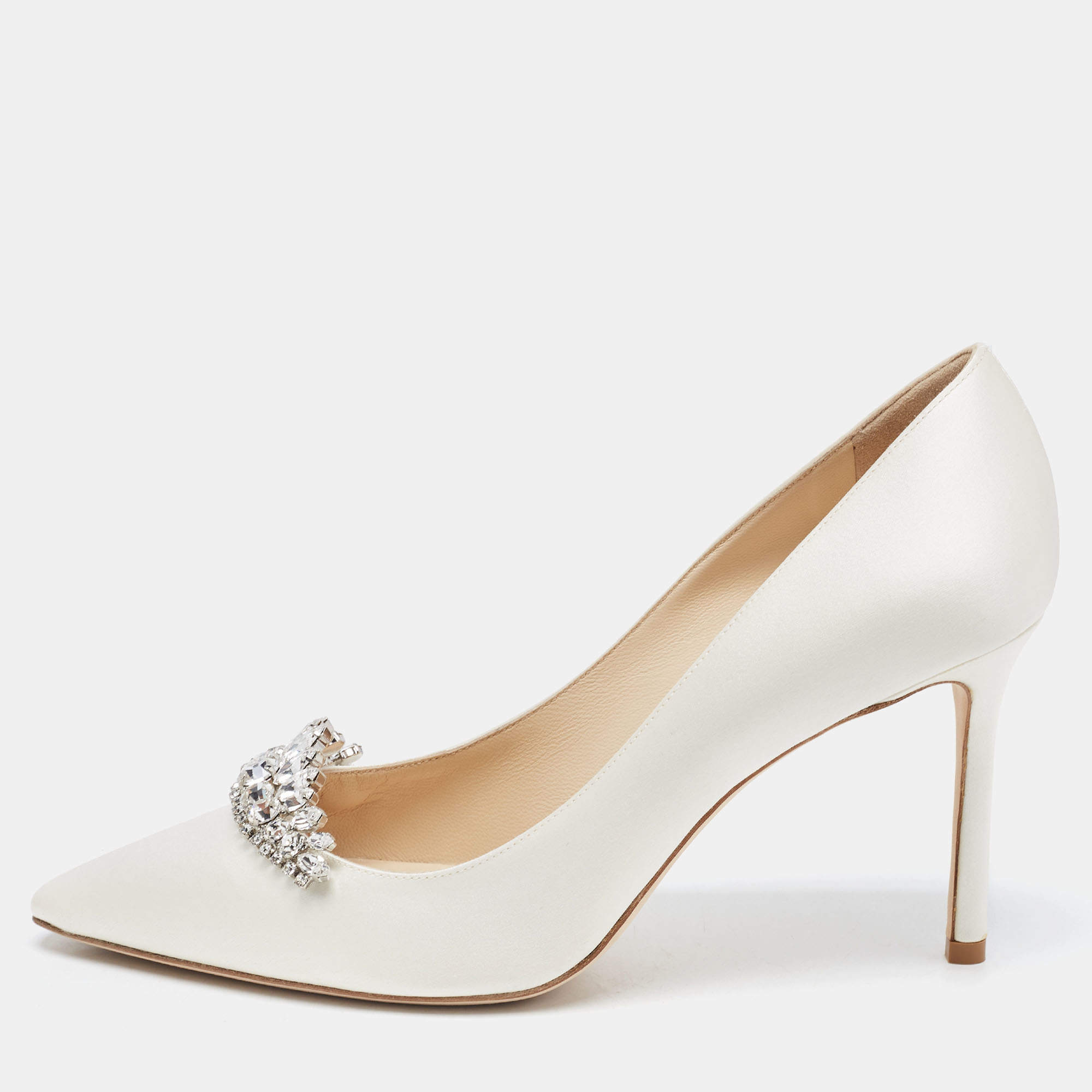 Pre Owned Jimmy Choo White Satin Romy Pointed Toe Pumps Size 39
