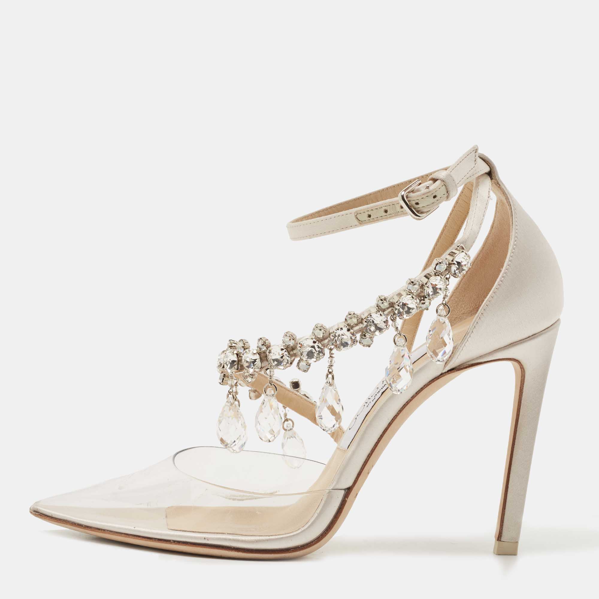 Off-White x Jimmy Choo White/Transparent Satin and PVC Victoria Crystal Embellished Pumps Size 36.5