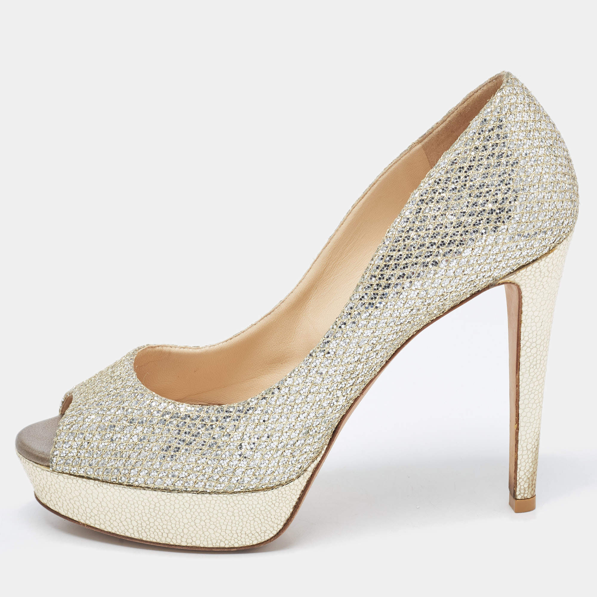 Pre Owned Jimmy Choo Metallic Silver Glitter Peep Toe Dahlia Pumps Size 38