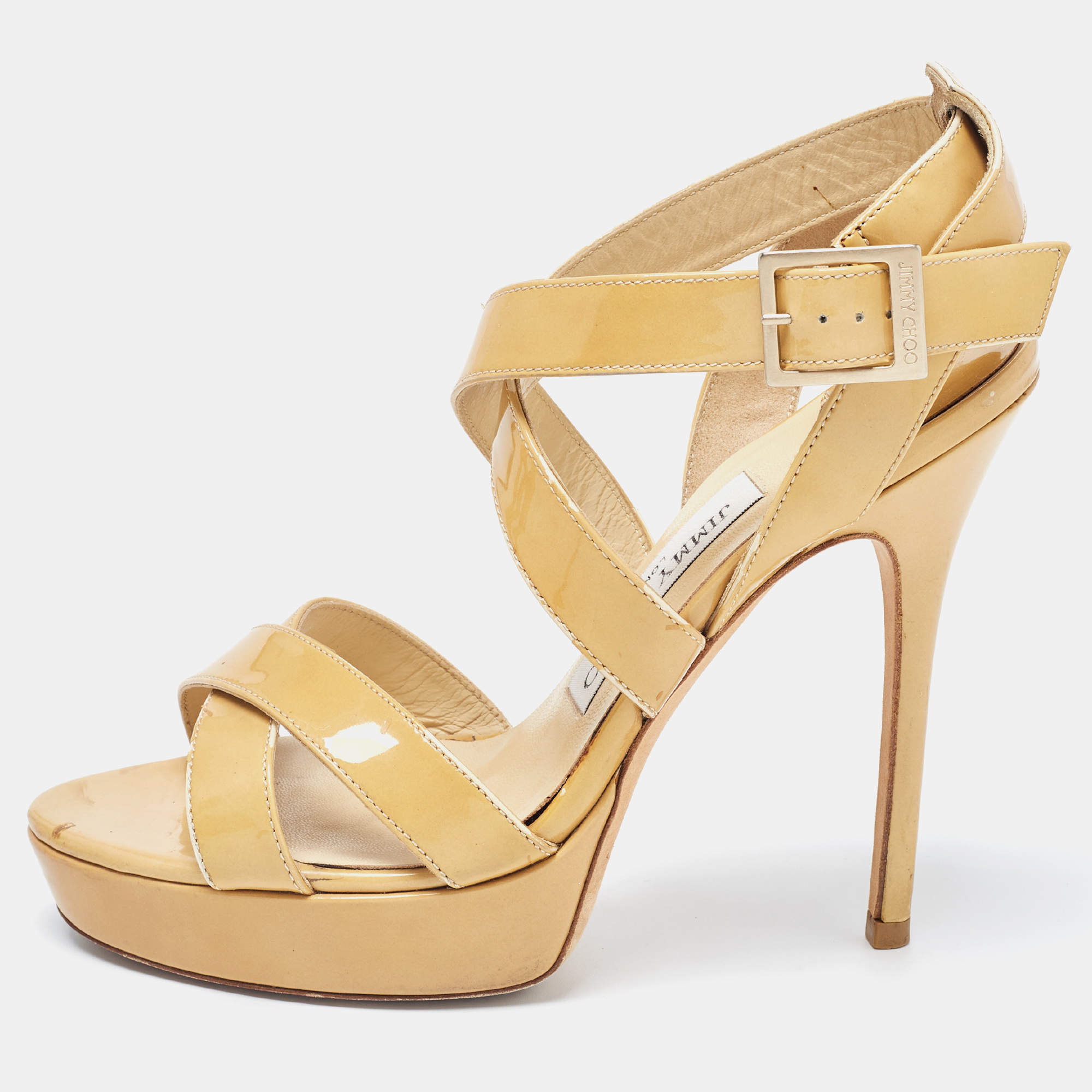 Jimmy Choo Beige Patent Leather Vamp Ankle Strap Sandals Size 37