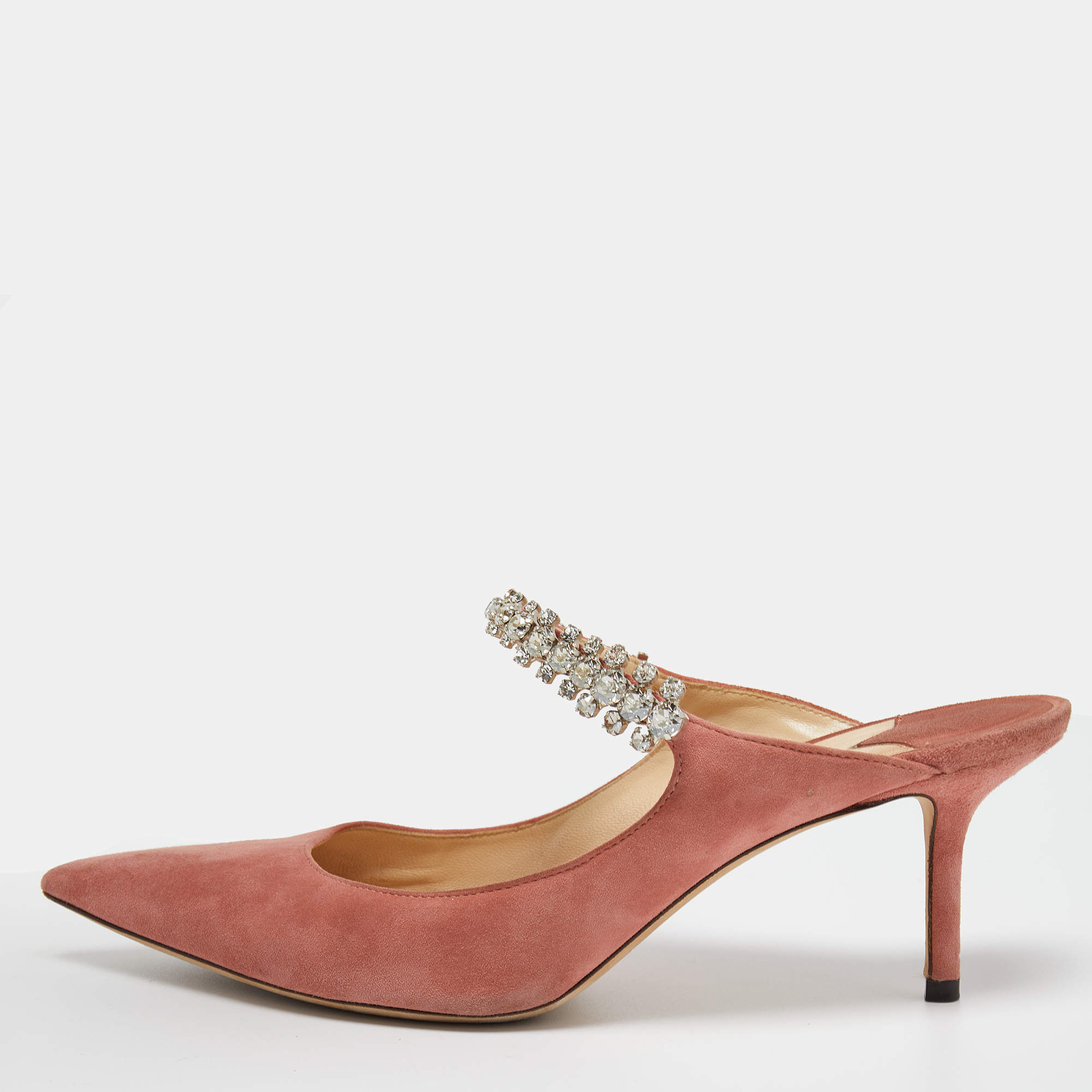 Pre Owned Jimmy Choo Pink Suede Crystal Embellished Bing Slides Size 39