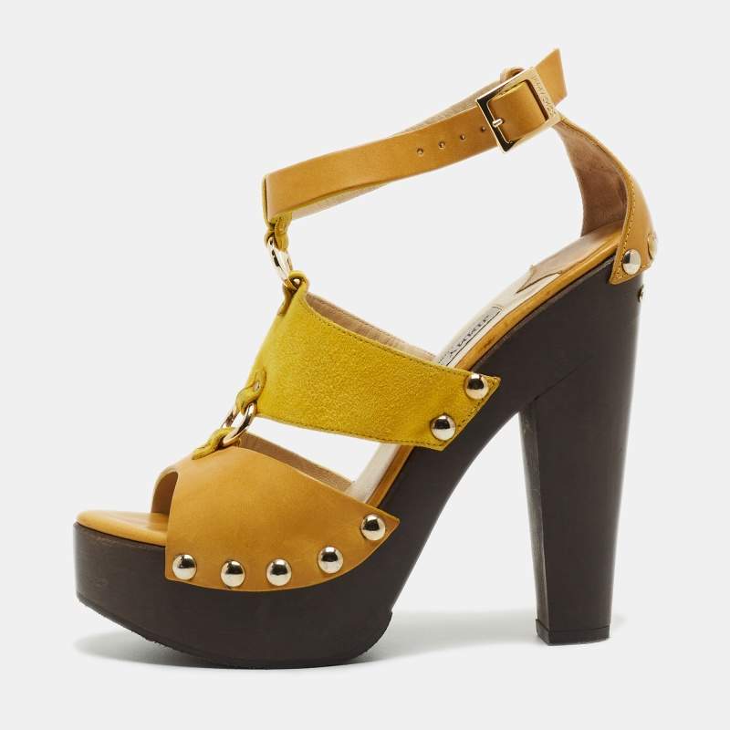 Pre Owned Jimmy Choo Yellow Leather and Suede Platform Ankle Strap Sandals Size 37.5