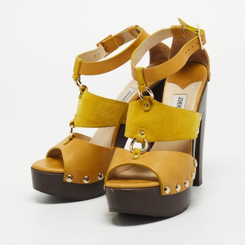 Pre Owned Jimmy Choo Yellow Leather and Suede Platform Ankle Strap Sandals Size 37.5