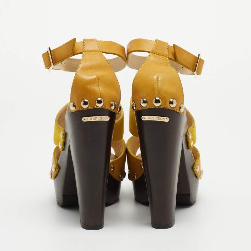 Pre Owned Jimmy Choo Yellow Leather and Suede Platform Ankle Strap Sandals Size 37.5