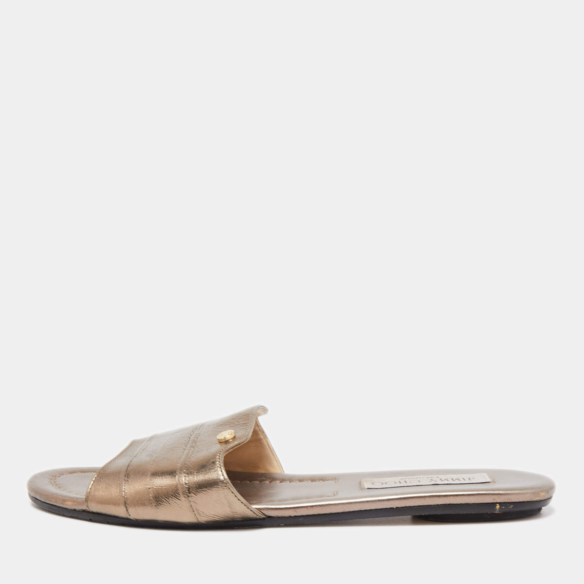 Pre Owned Jimmy Choo Metallic Leather Nanda Flat Slides Size 37.5