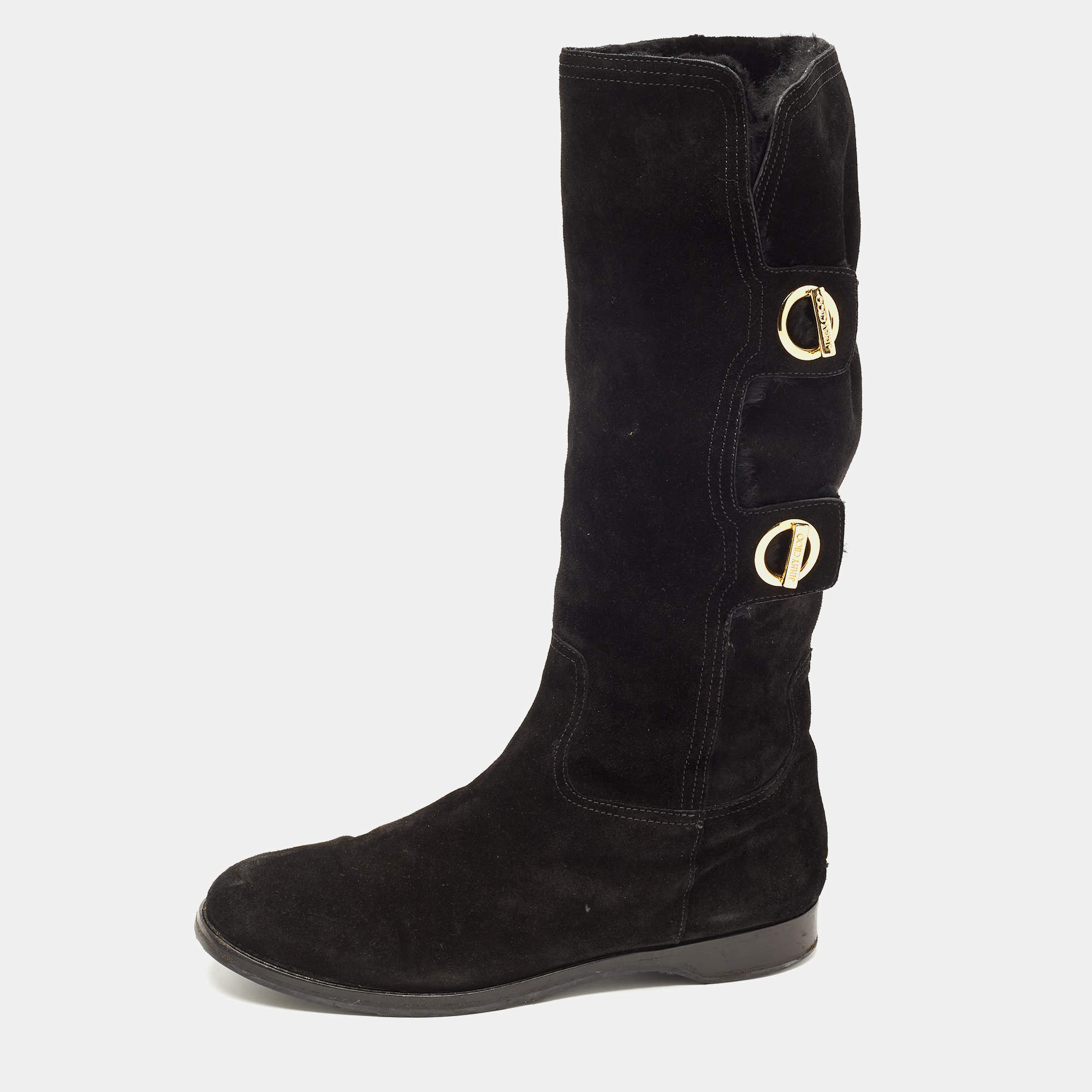 مملوكة مسبقًا Jimmy Choo Black Suede Buckle Detail Mid Calf Boots Size 41