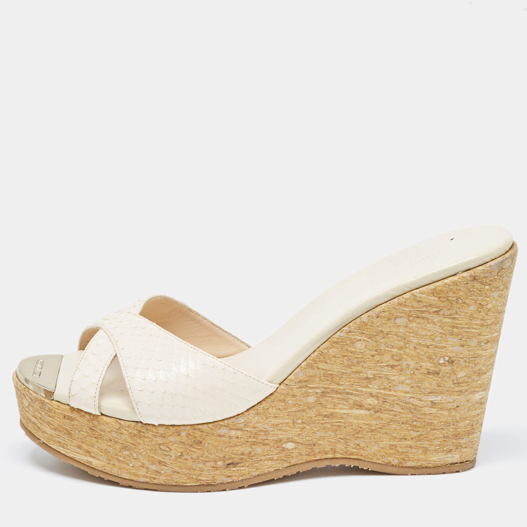 Pre Owned Jimmy Choo White Python Leather Prima Wedge Platform Sandals Size 38.5