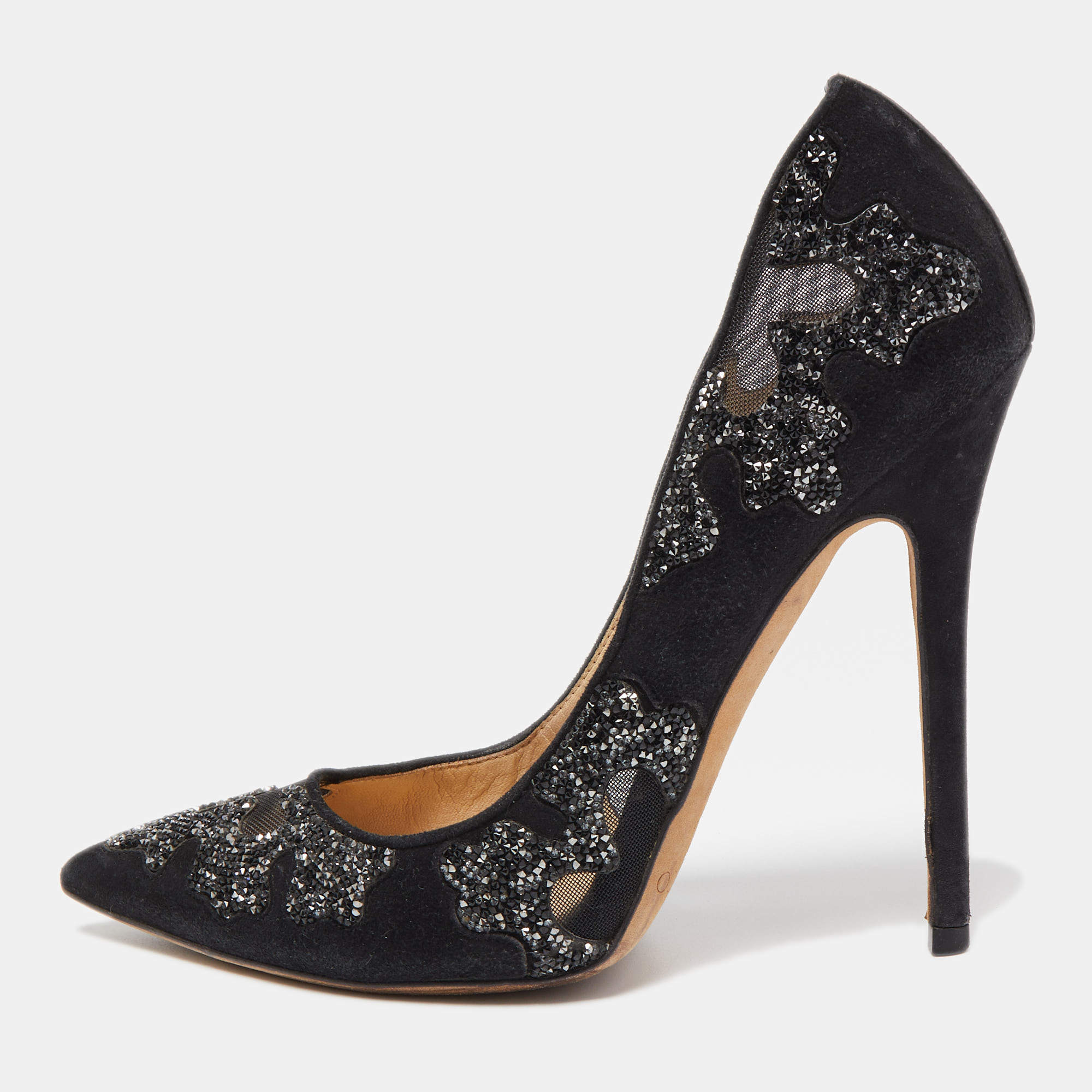Pre Owned Jimmy Choo Black Suede and Mesh Crystal Pointed Toe Pumps Size 38.5