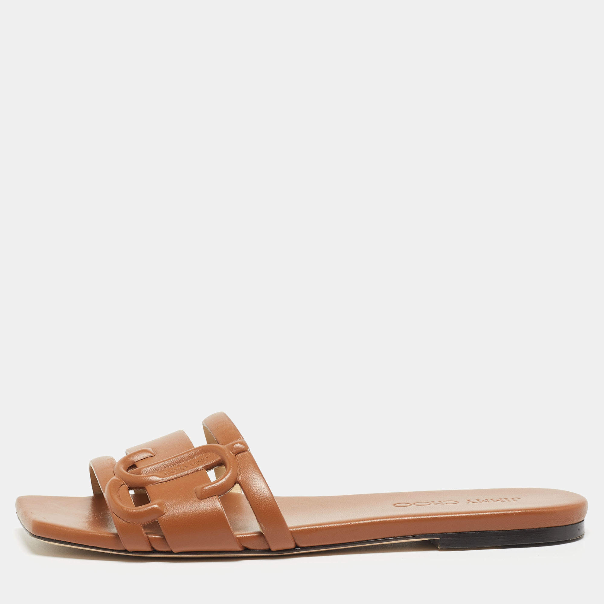 Pre Owned Jimmy Choo Brown Leather Laran Flat Slides Size 37