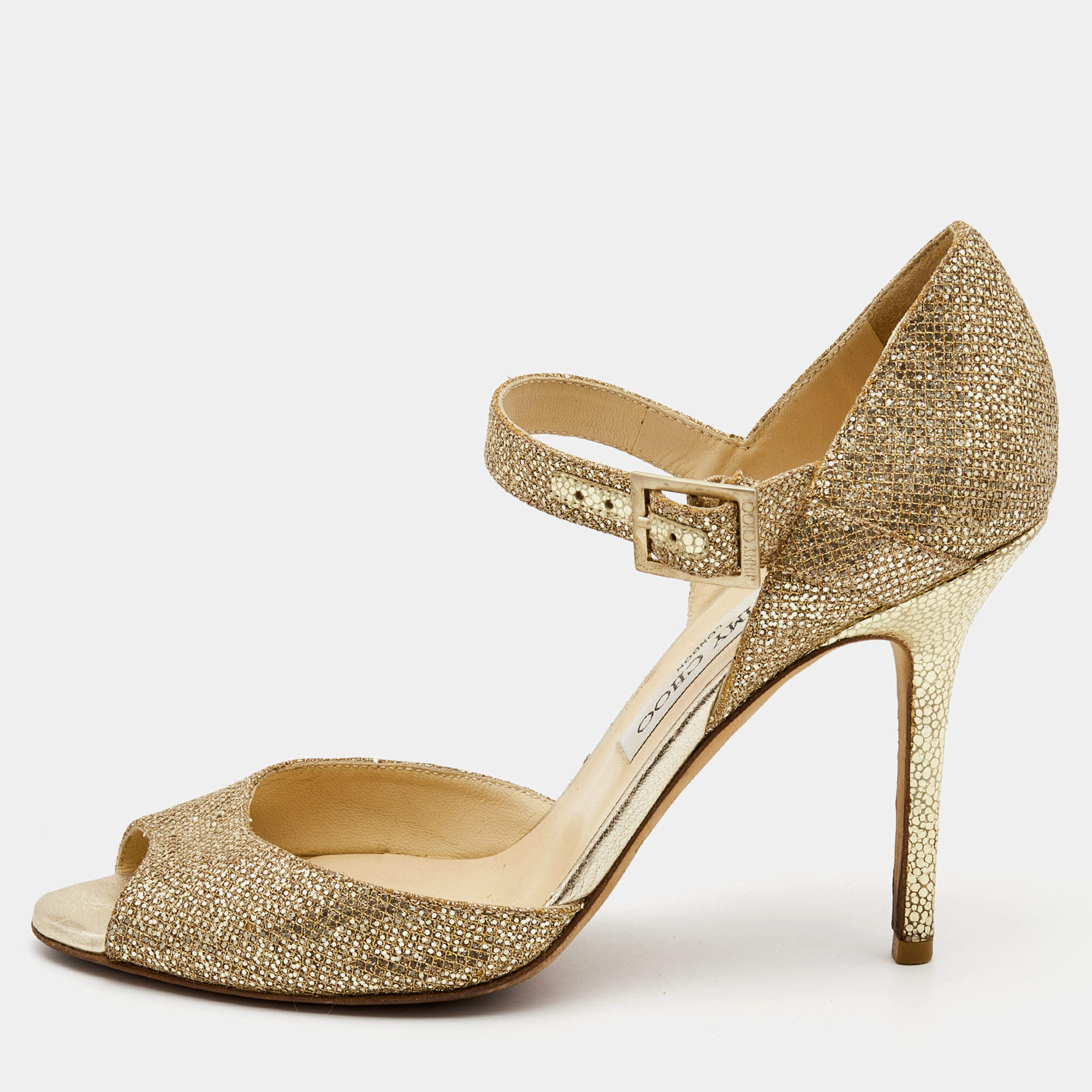 Jimmy Choo Gold Coarse Glitter Foil Leather Ankle Strap Sandals Size 39.5