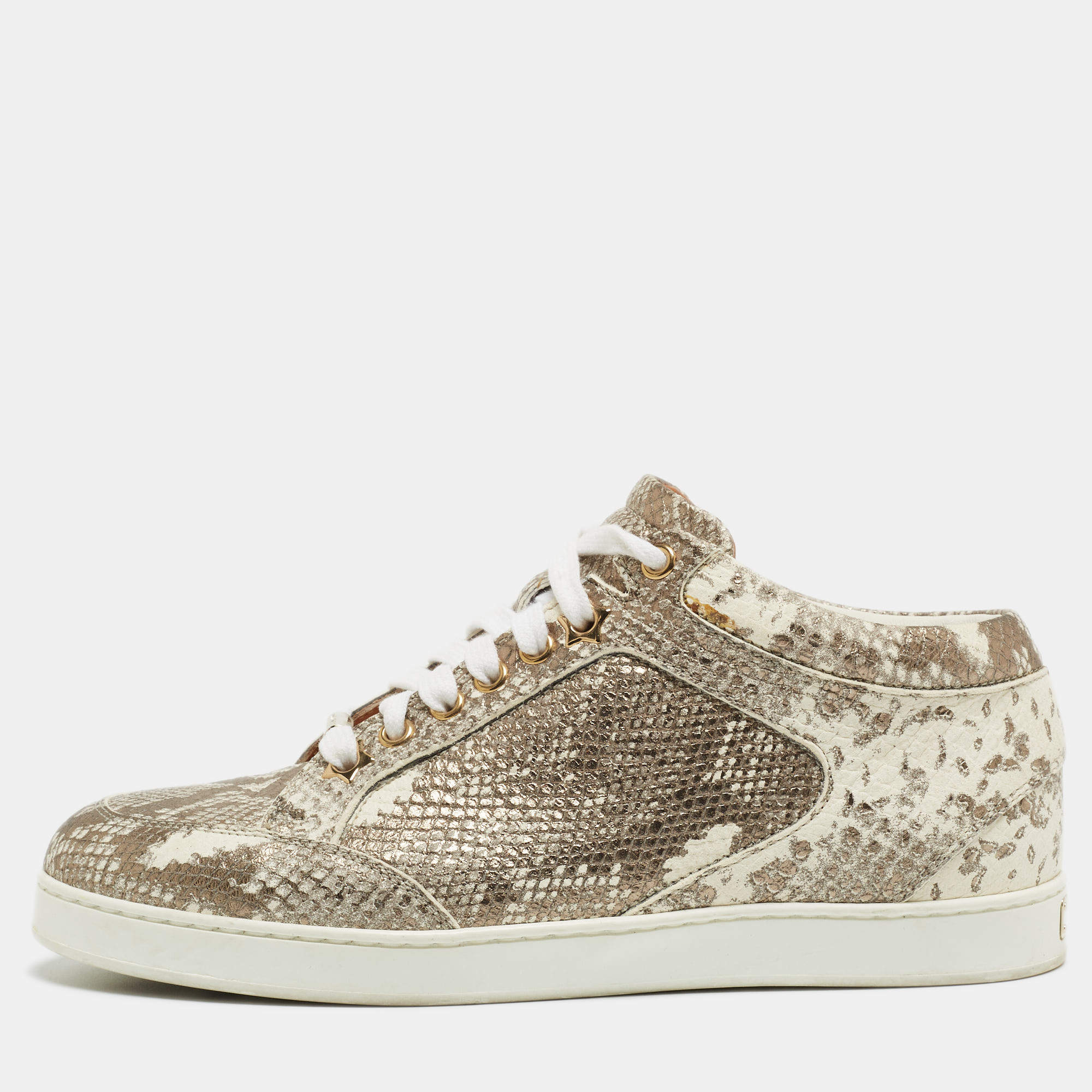 Pre Owned Jimmy Choo Metallic White Python Embossed Leather Low Top Sneakers Size 36