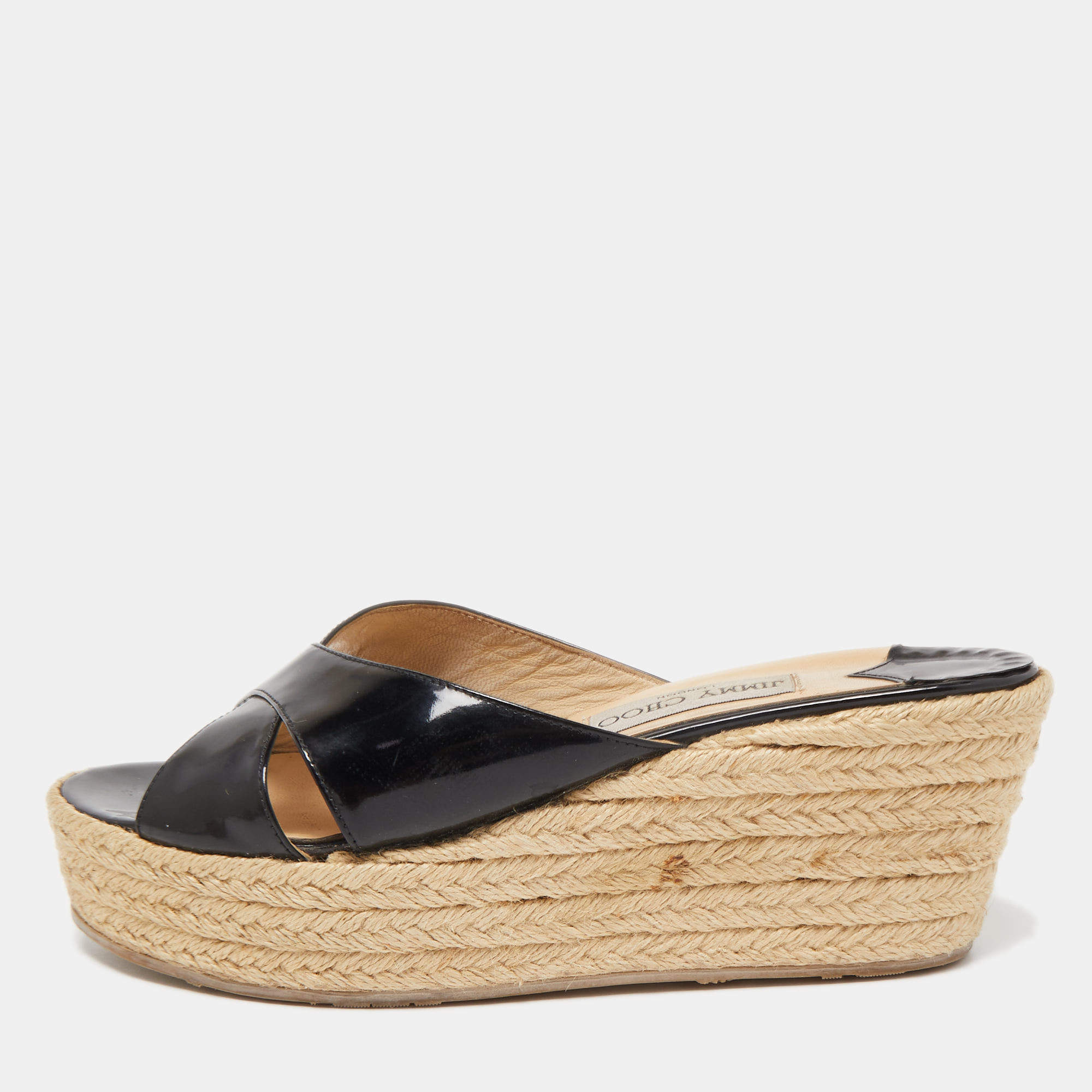 Pre Owned Jimmy Choo Black Patent Leather Phyllis Wedge Espadrille Platform Sandals Size 39 