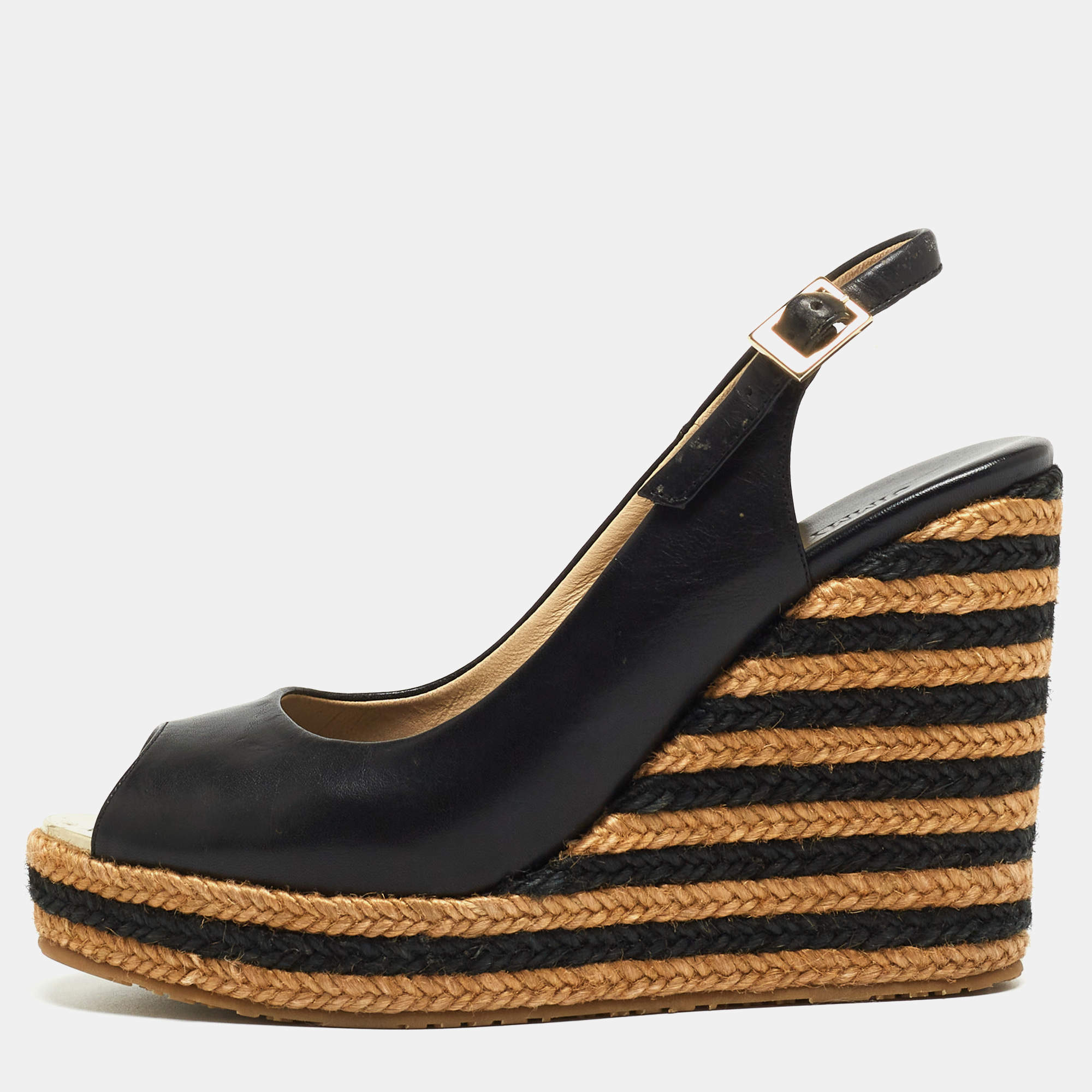 Pre Owned Jimmy Choo Black/Beige Leather and Raffia Stripe Wedge Sandals Size 39