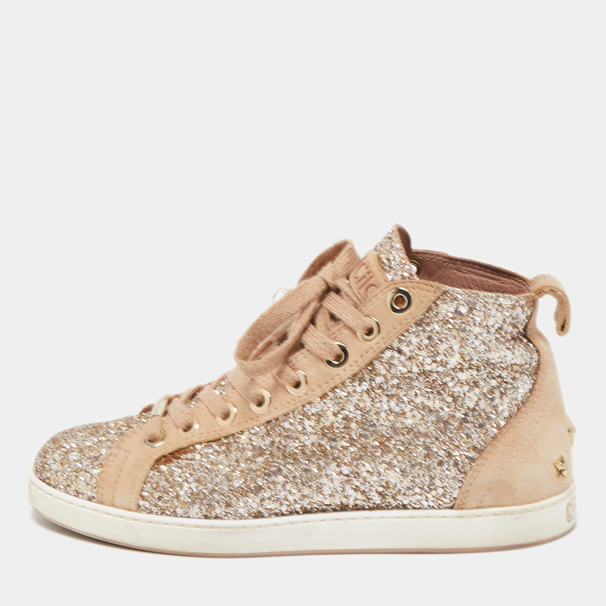 Pre Owned Jimmy Choo Beige/Silver Glitter and Suede High Top Sneakers Size 38
