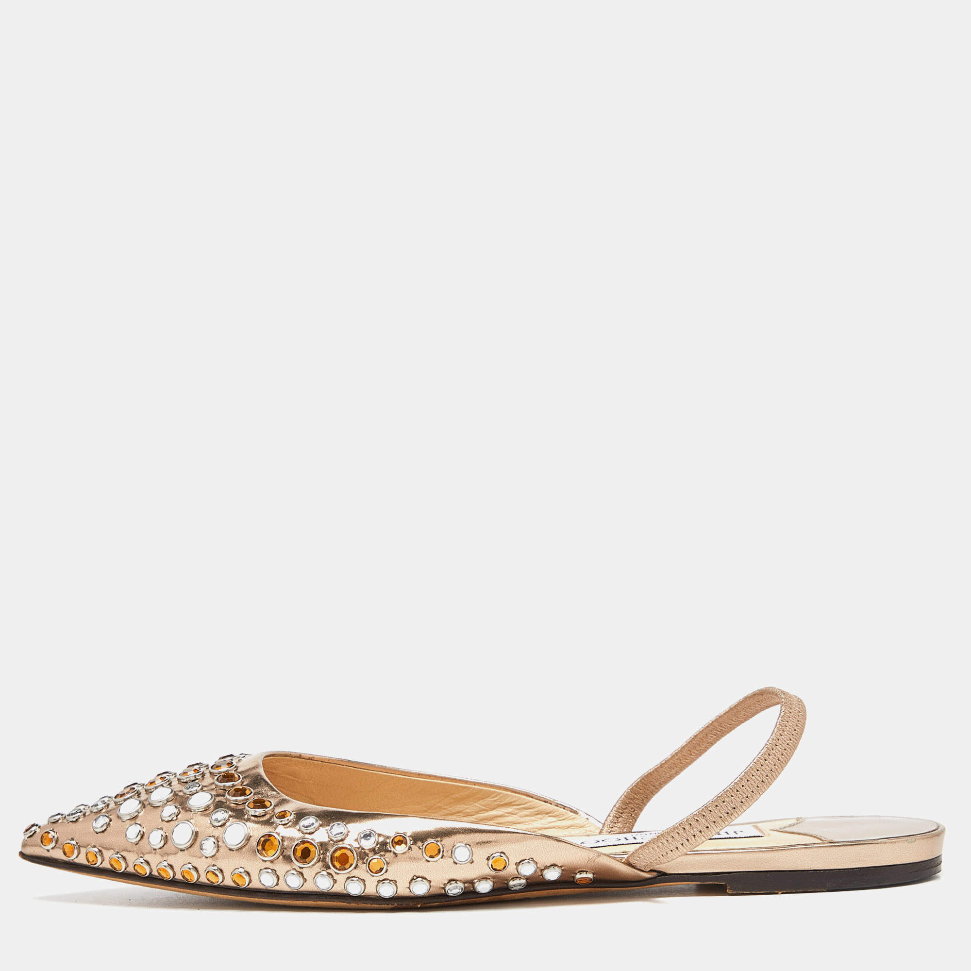 Pre Owned Jimmy Choo Gold Patent Leather Embellished Ankle Strap Pointed Toe Flats Size 37.5