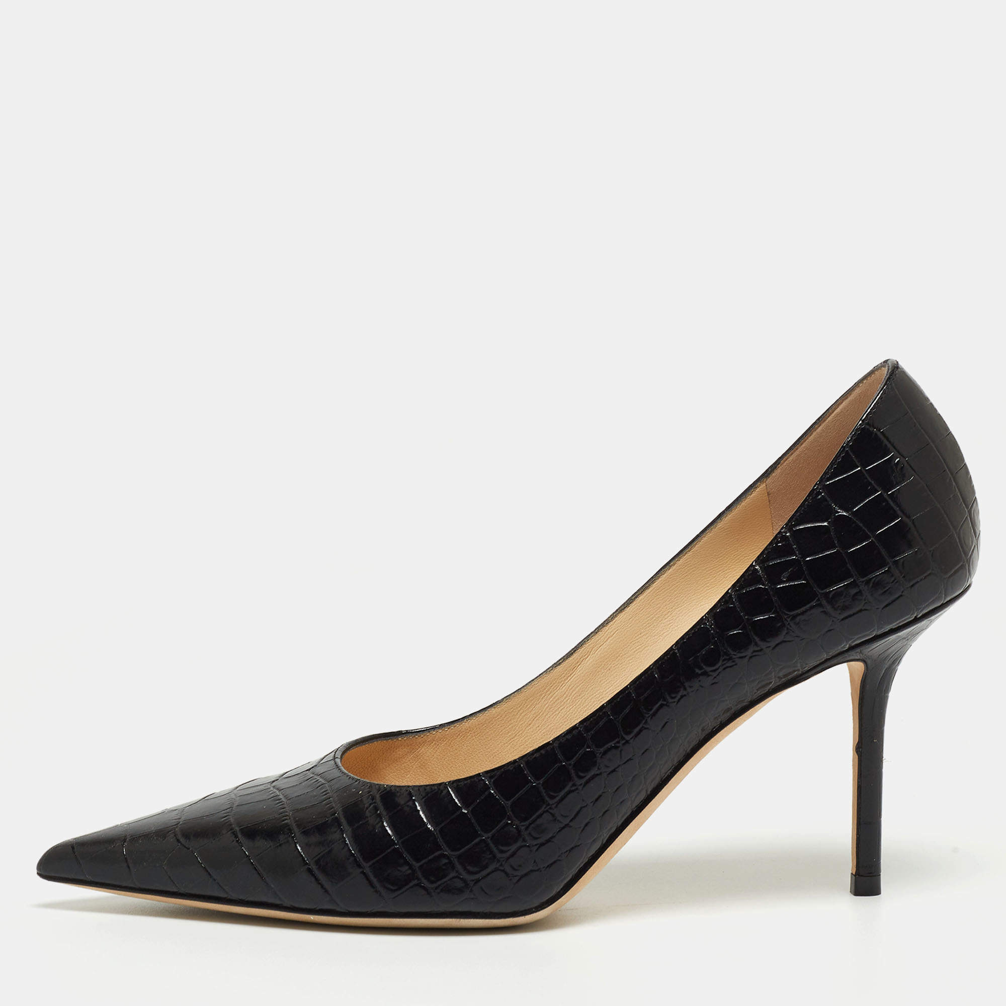 Jimmy Choo Black Croc Embossed Leather Love 85 Pointed Toe Pumps