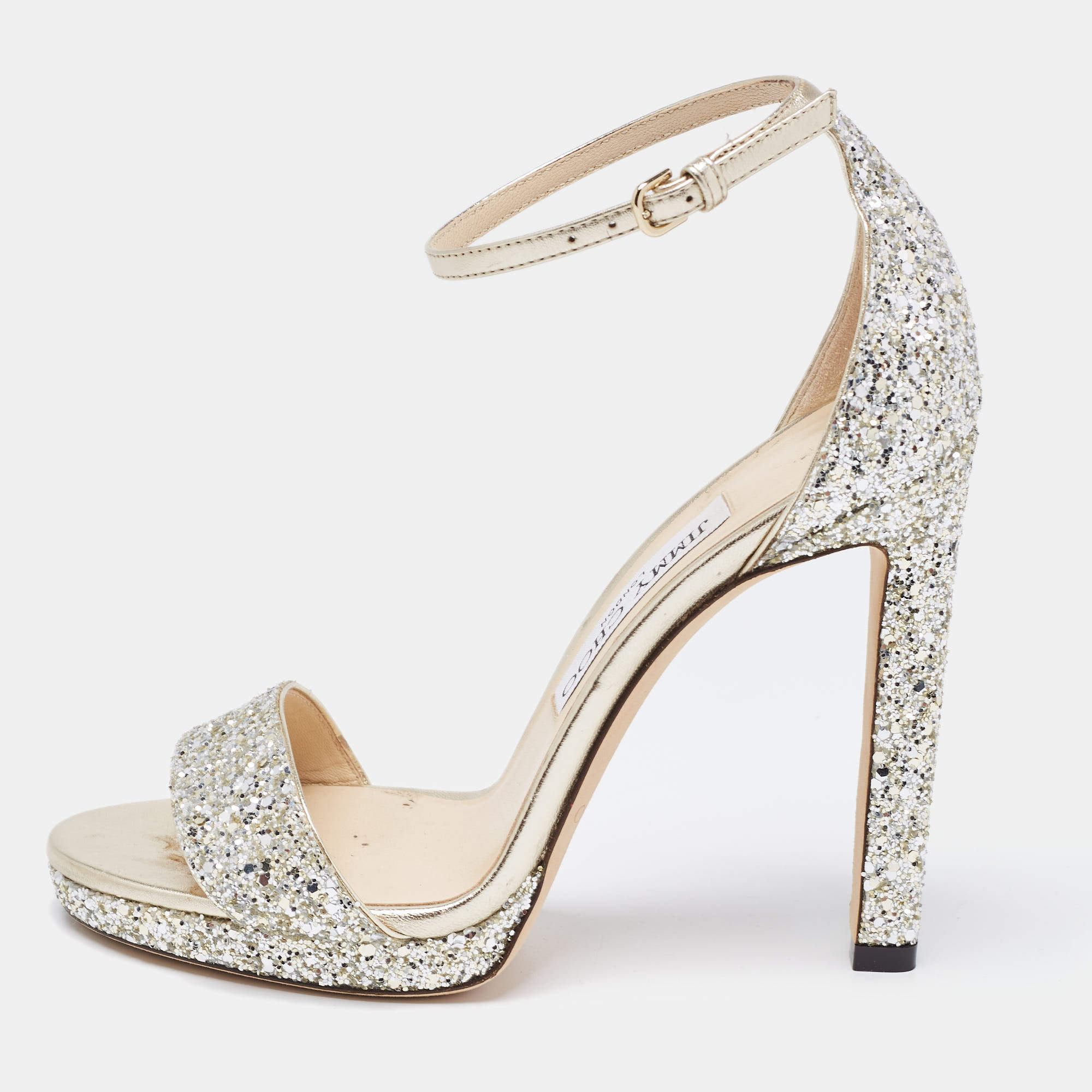 Pre Owned Jimmy Choo Silver/Gold Glitter and Leather Misty Ankle Strap Sandals Size 37