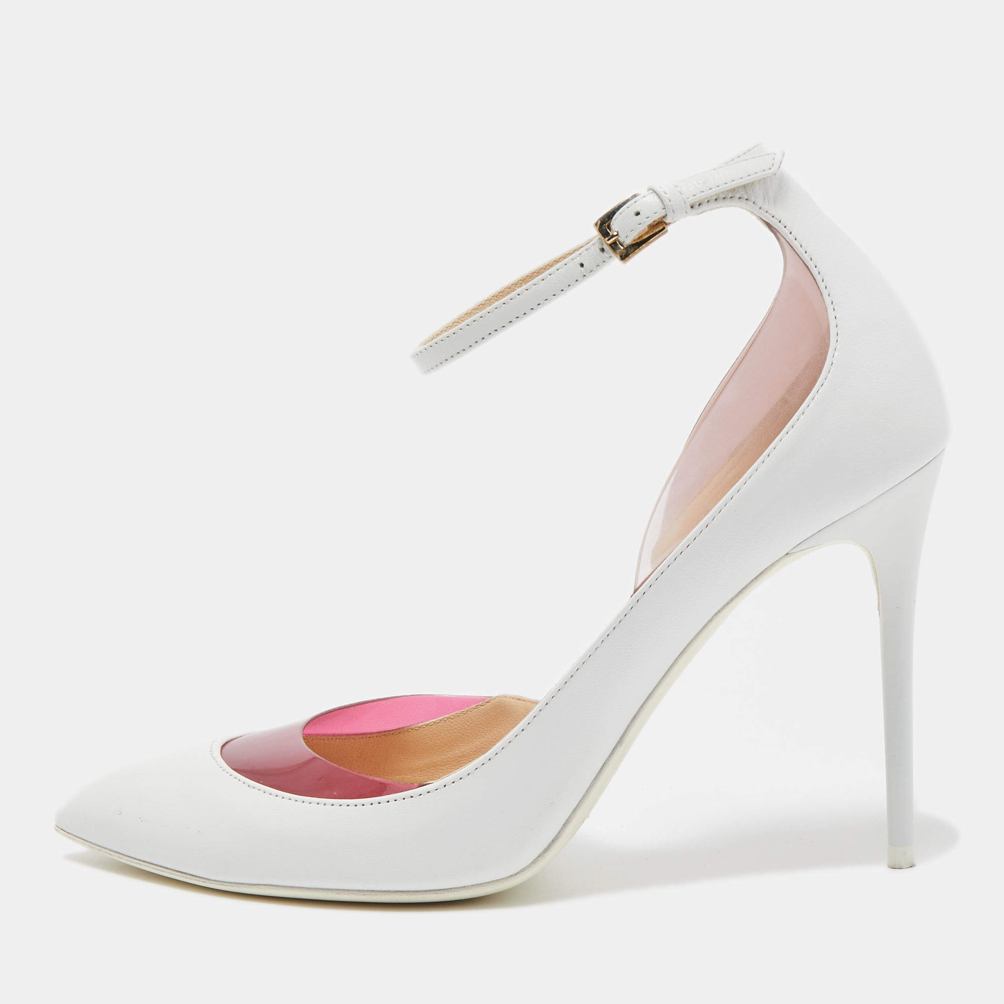 Pre Owned Jimmy Choo White/Pink Leather and PVC D'orsay Pointed Toe Ankle Strap Pumps Size 37