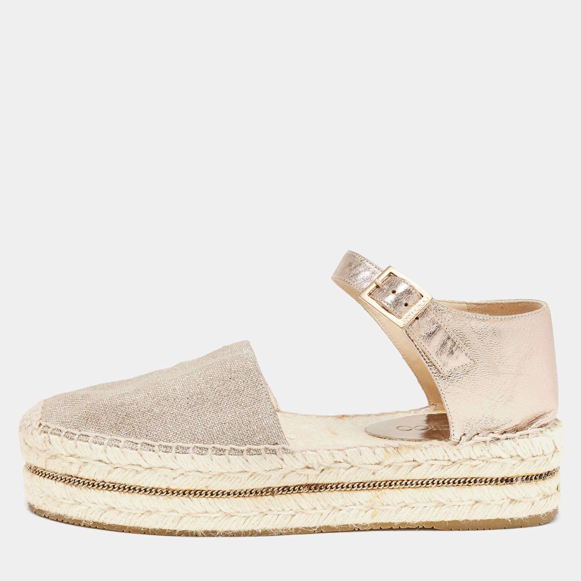 Pre Owned Jimmy Choo Metallic Leather and Glitter Canvas Espadrille Platform Ankle Strap Pumps Size 39